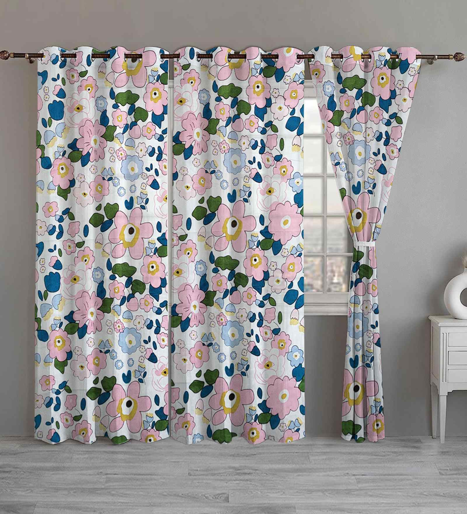 Beige Cotton Floral 7ft Eyelet Door Curtains (3 Pcs)
