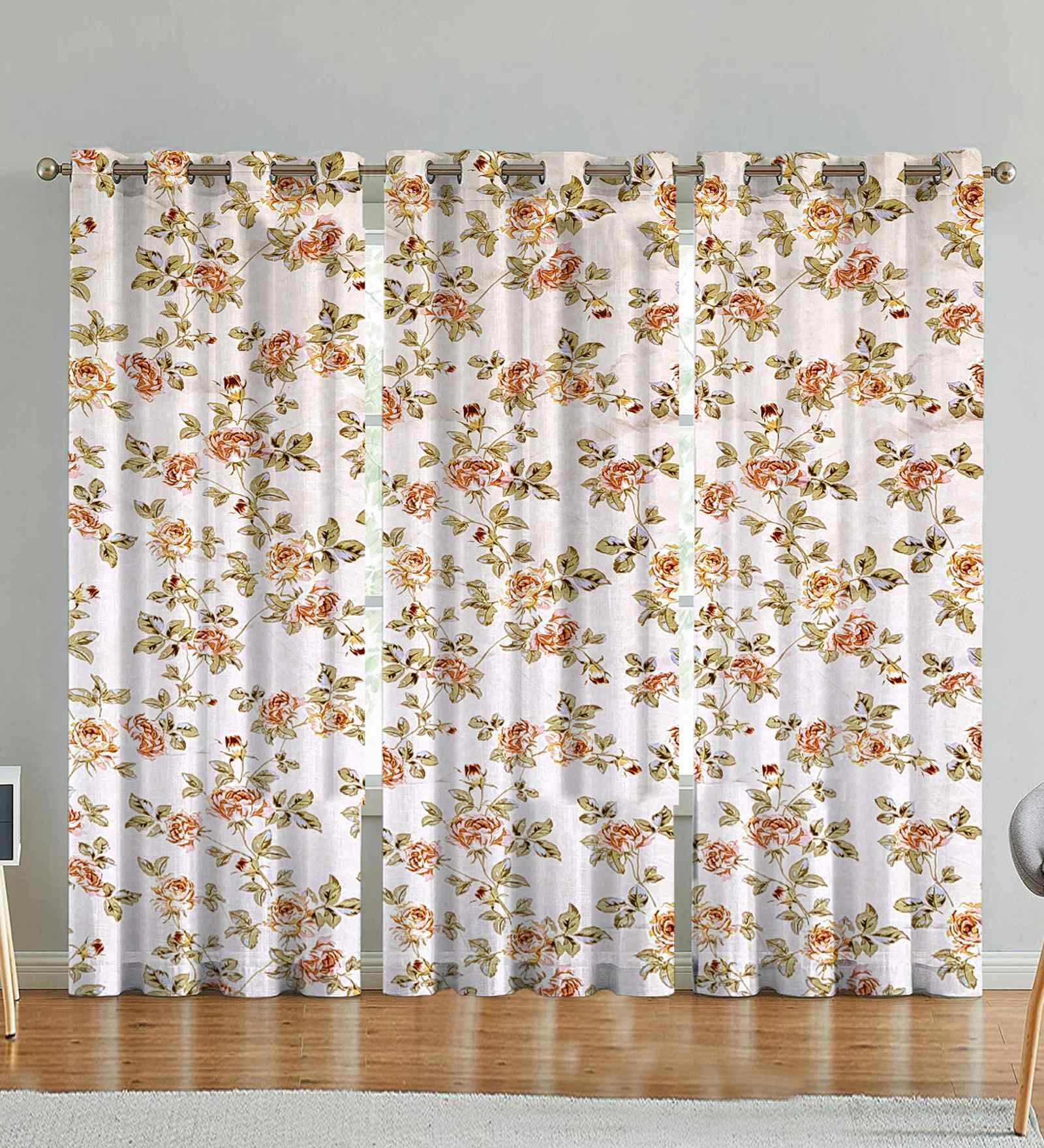 Beige Cotton Floral 7ft Eyelet Door Curtains (3 Pcs)
