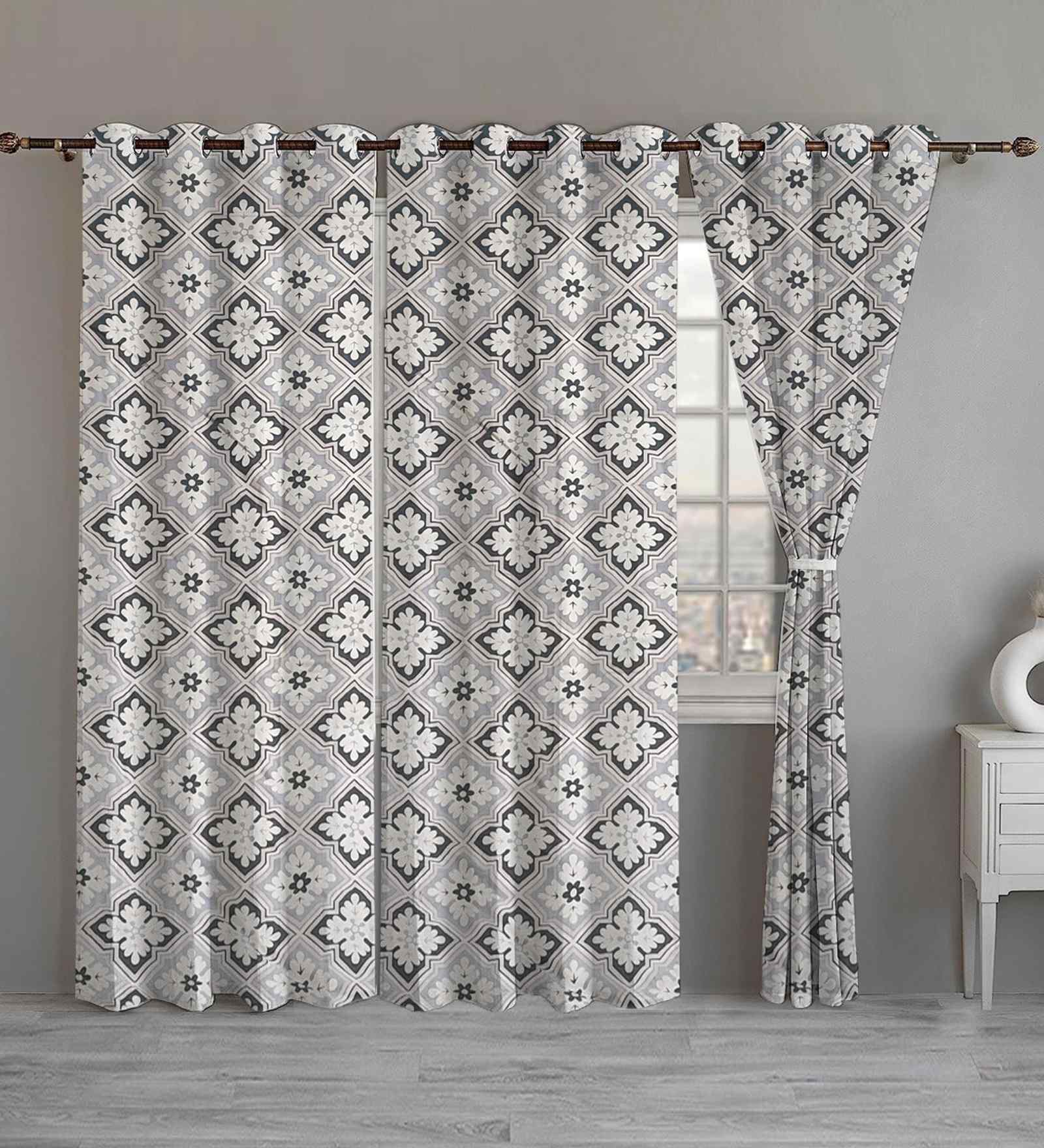 Grey Cotton Floral 7ft Eyelet Door Curtains (3 Pcs)