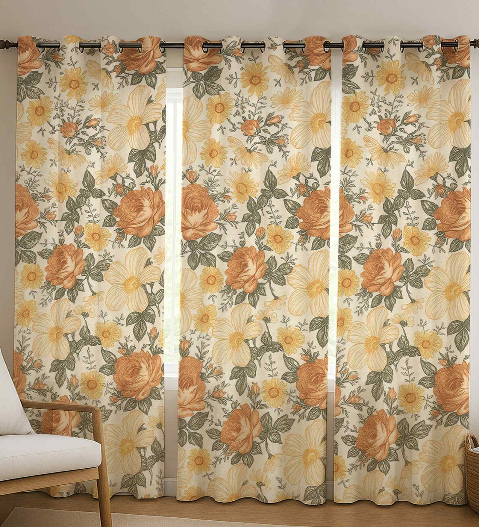 Orange Cotton Floral 7ft Eyelet Door Curtains (3 Pcs)