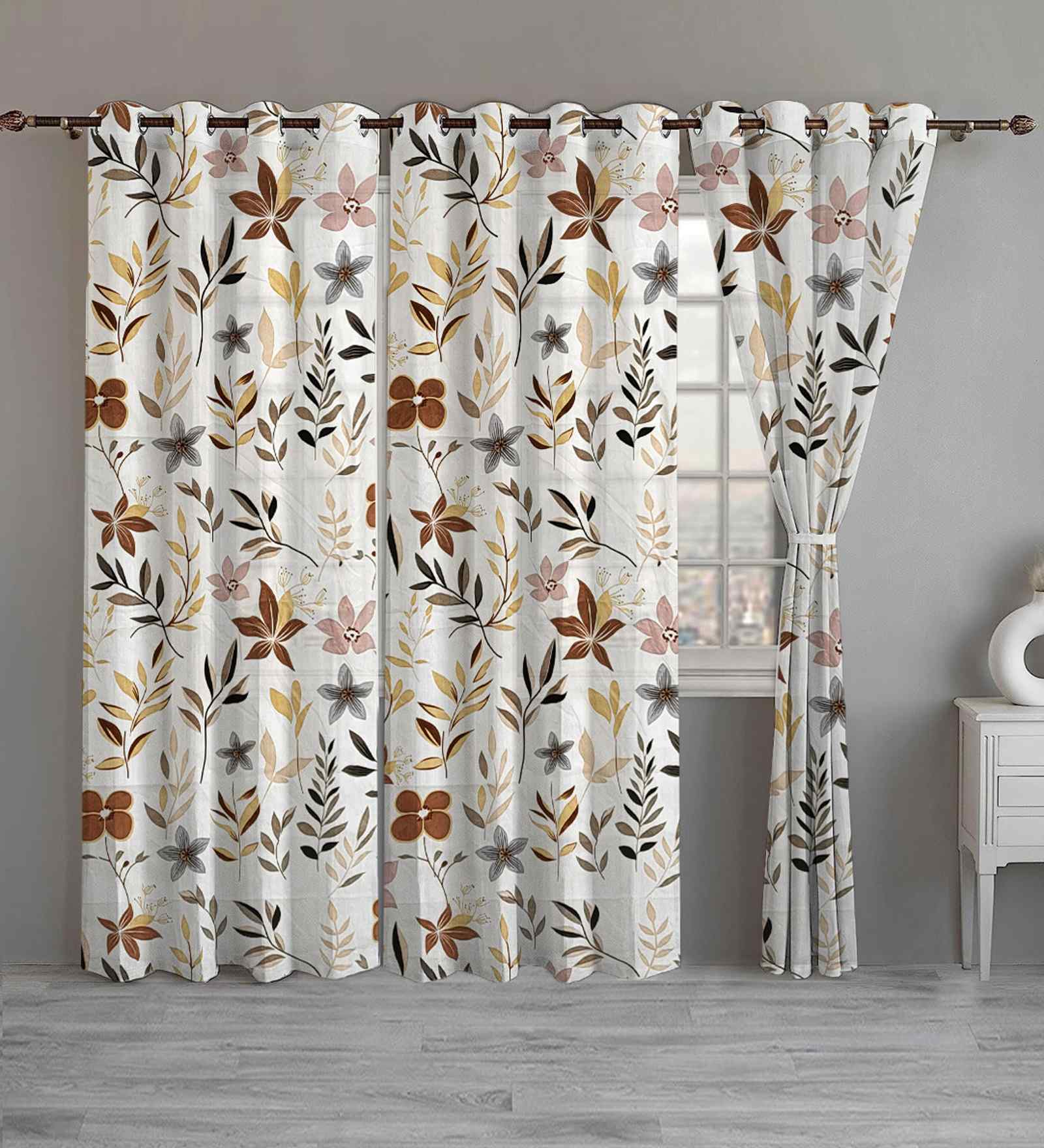 Beige Cotton Floral 7ft Eyelet Door Curtains (3 Pcs)