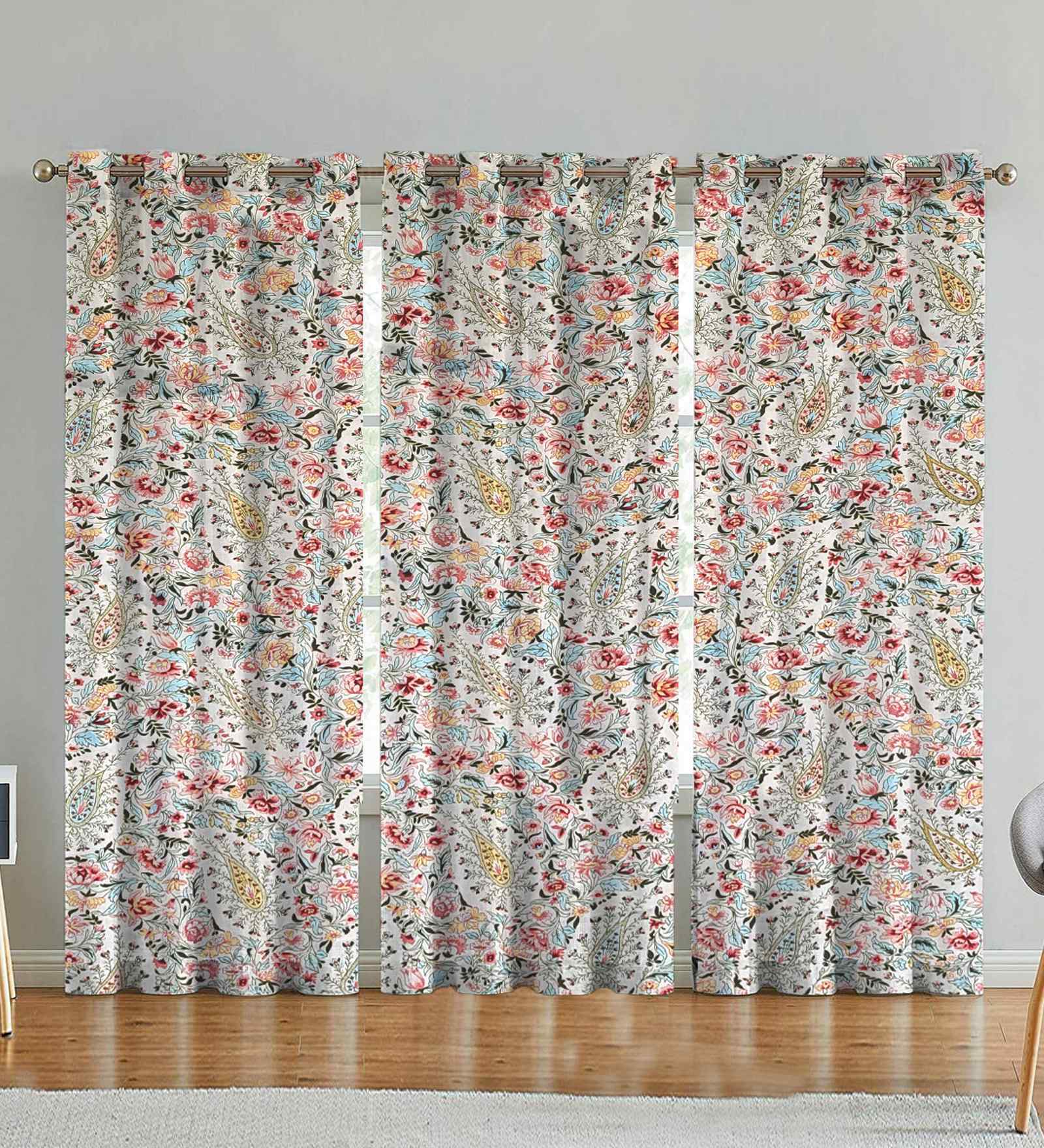 Beige Cotton Floral 7ft Eyelet Door Curtains (3 Pcs)