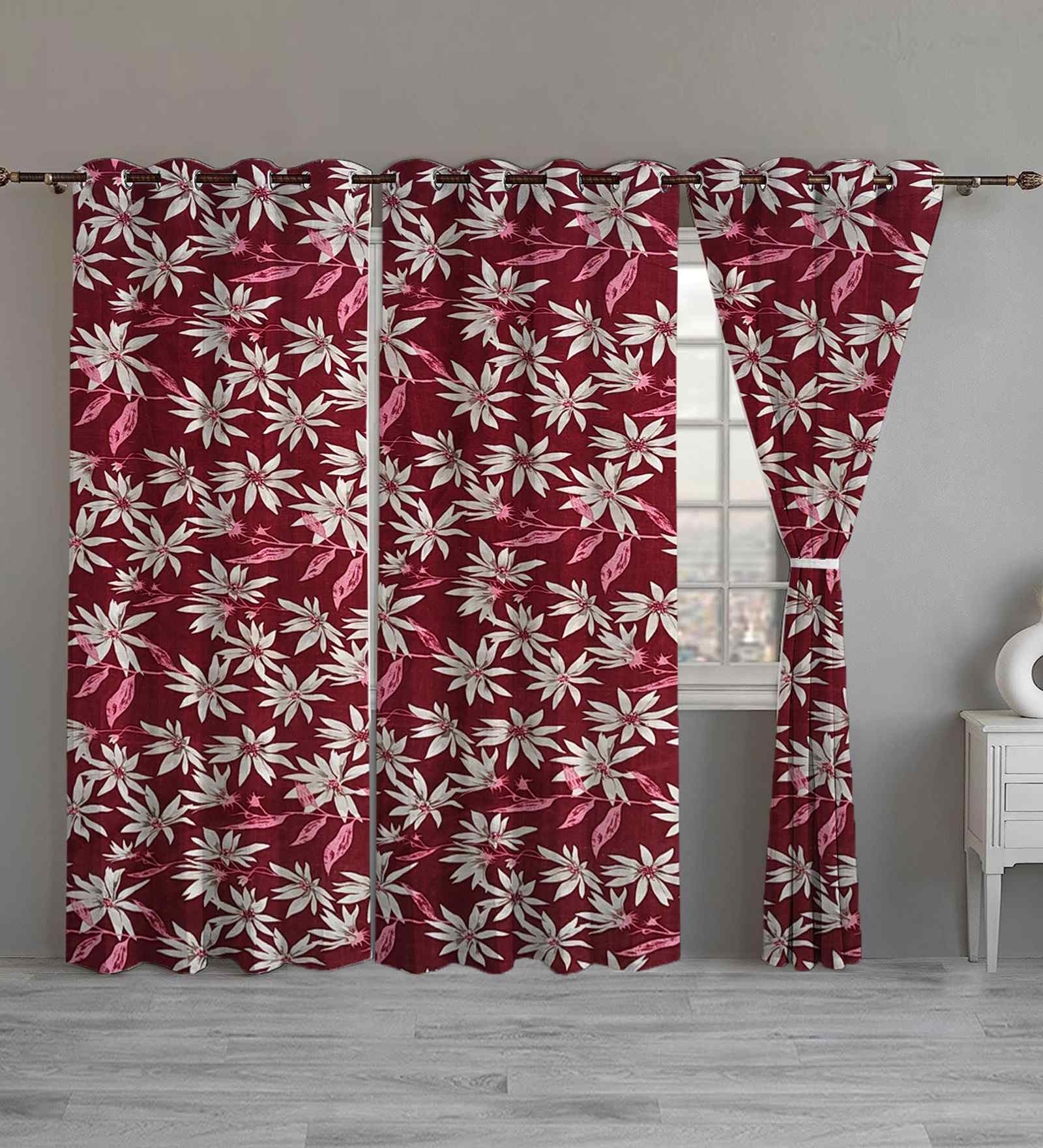 Maroon Cotton Floral 7ft Door Curtains (3 Pcs)