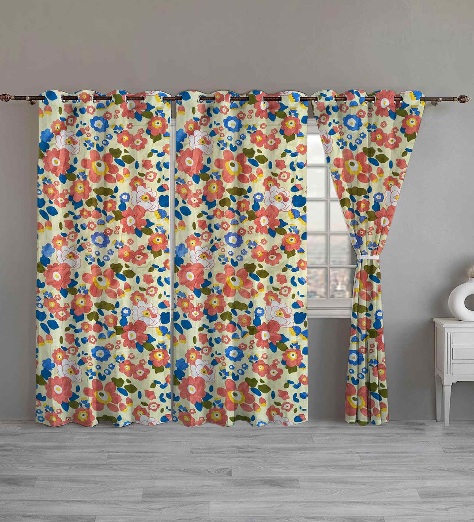 Multicolor Cotton Floral 9ft Long Door Curtains (3 Pcs)