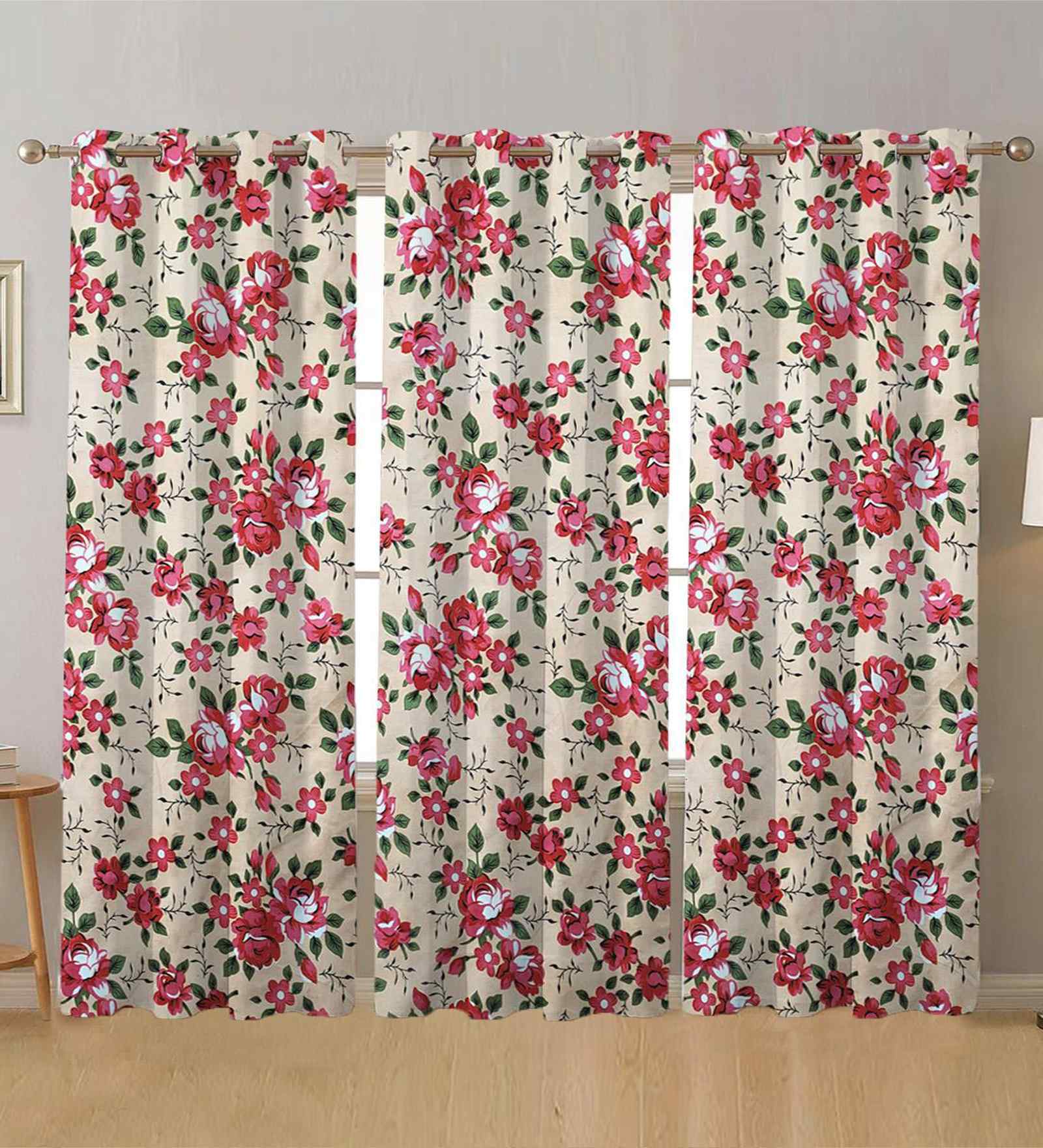 Pink Cotton Floral 9ft Long Door Curtains (3 Pcs)