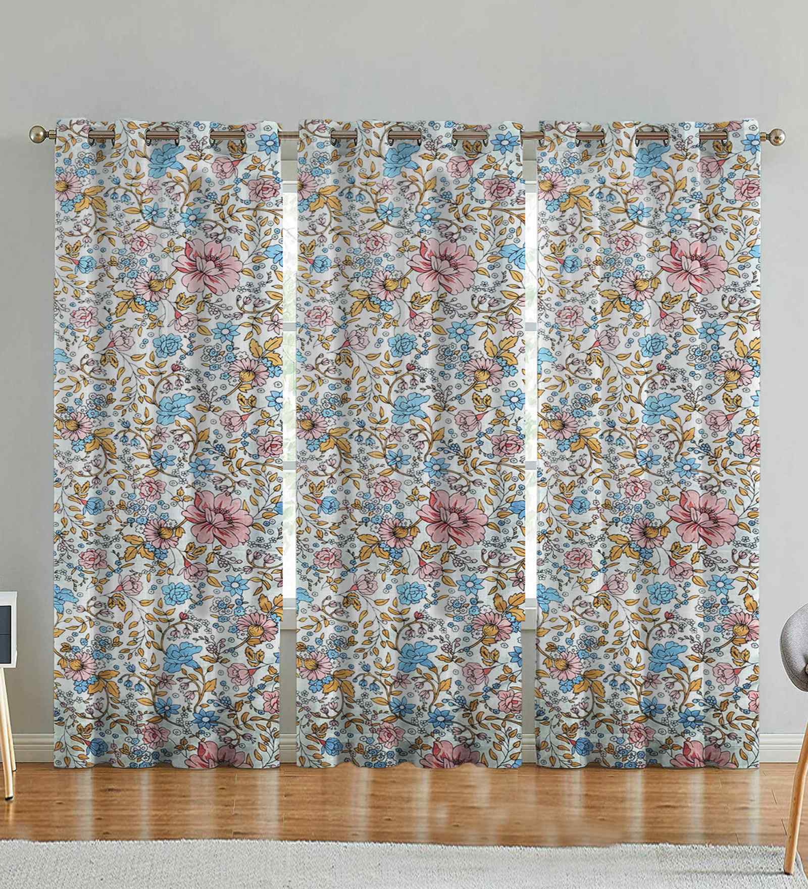 Multicolor Cotton Floral 9ft Long Door Curtains (3 Pcs)