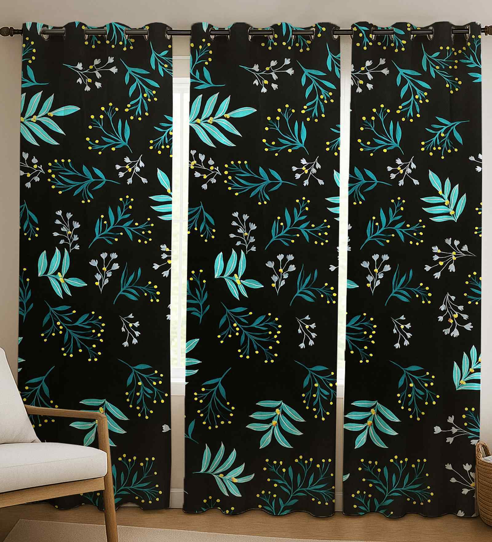 Black Cotton Floral 9ft Long Door Curtains (3 Pcs)