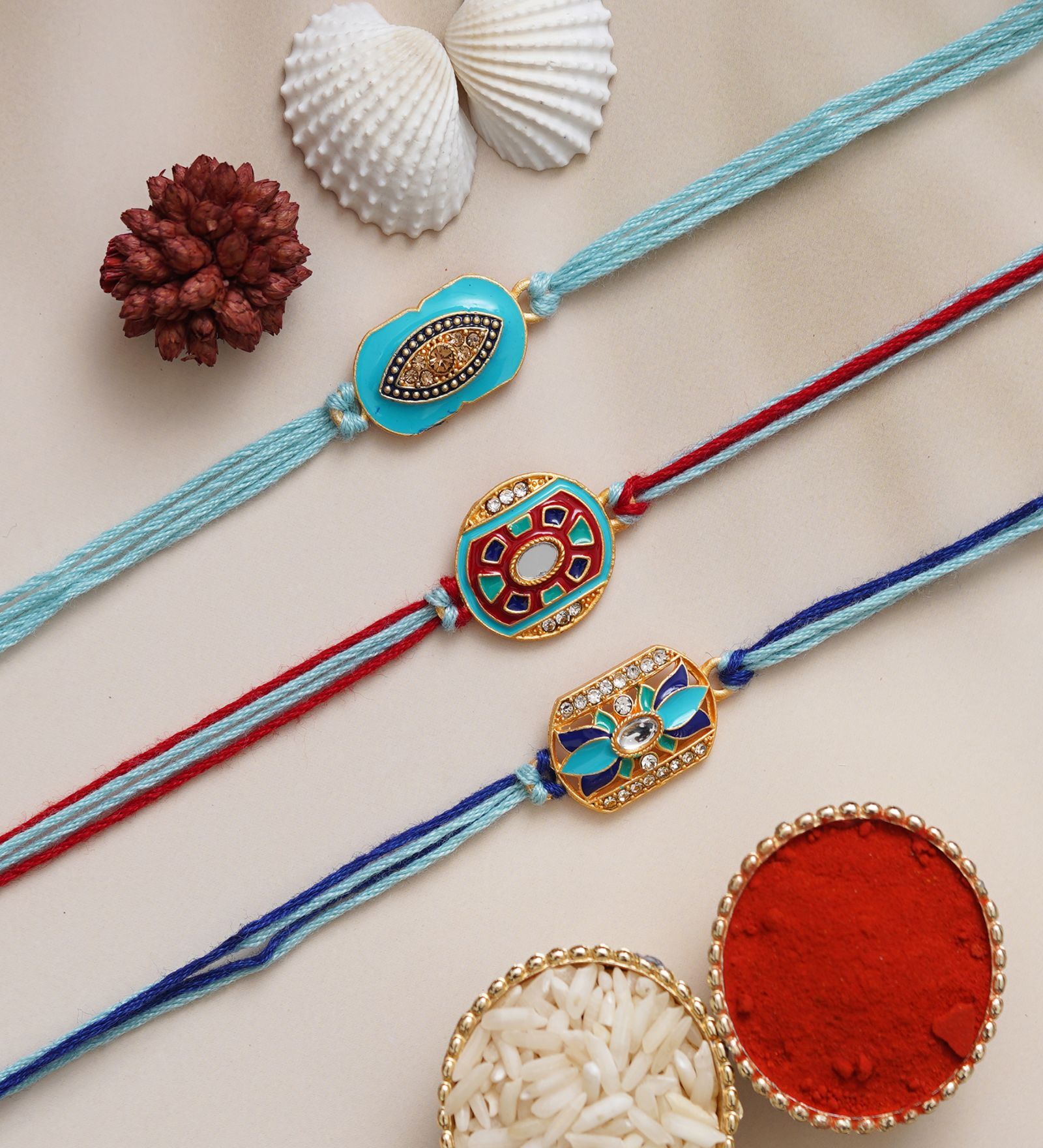 Buy Set of 3 Beautiful Floral Designer Rakhis with Roli Chawal Pack at ...