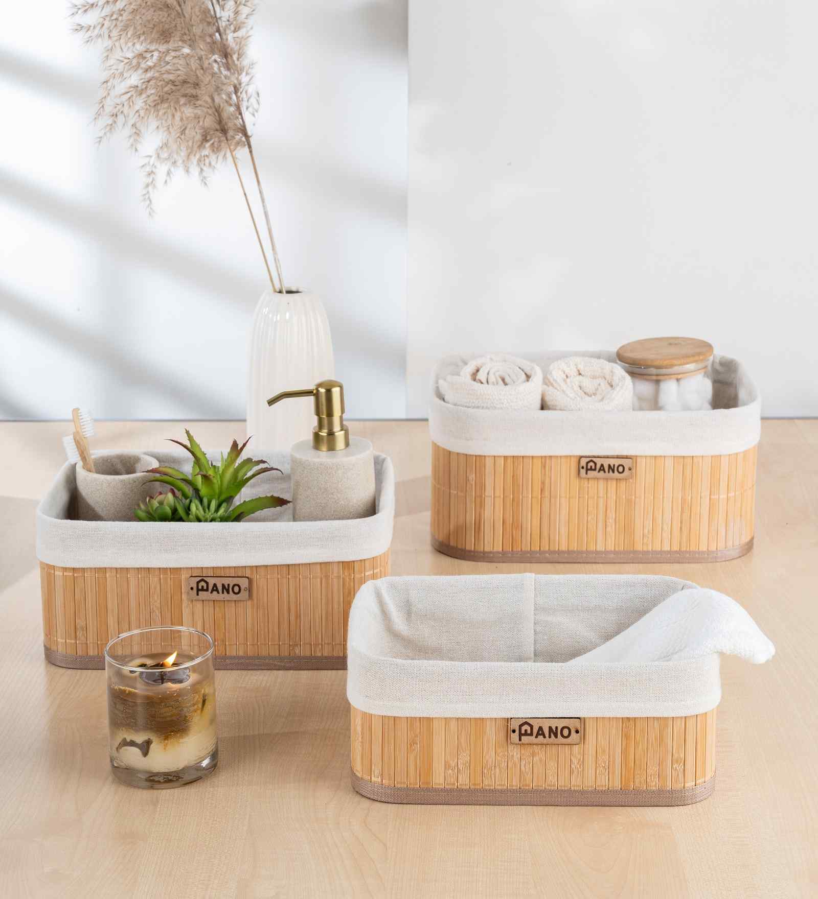 Set Of 3 Beige Bamboo Bathroom Vanity Organiser