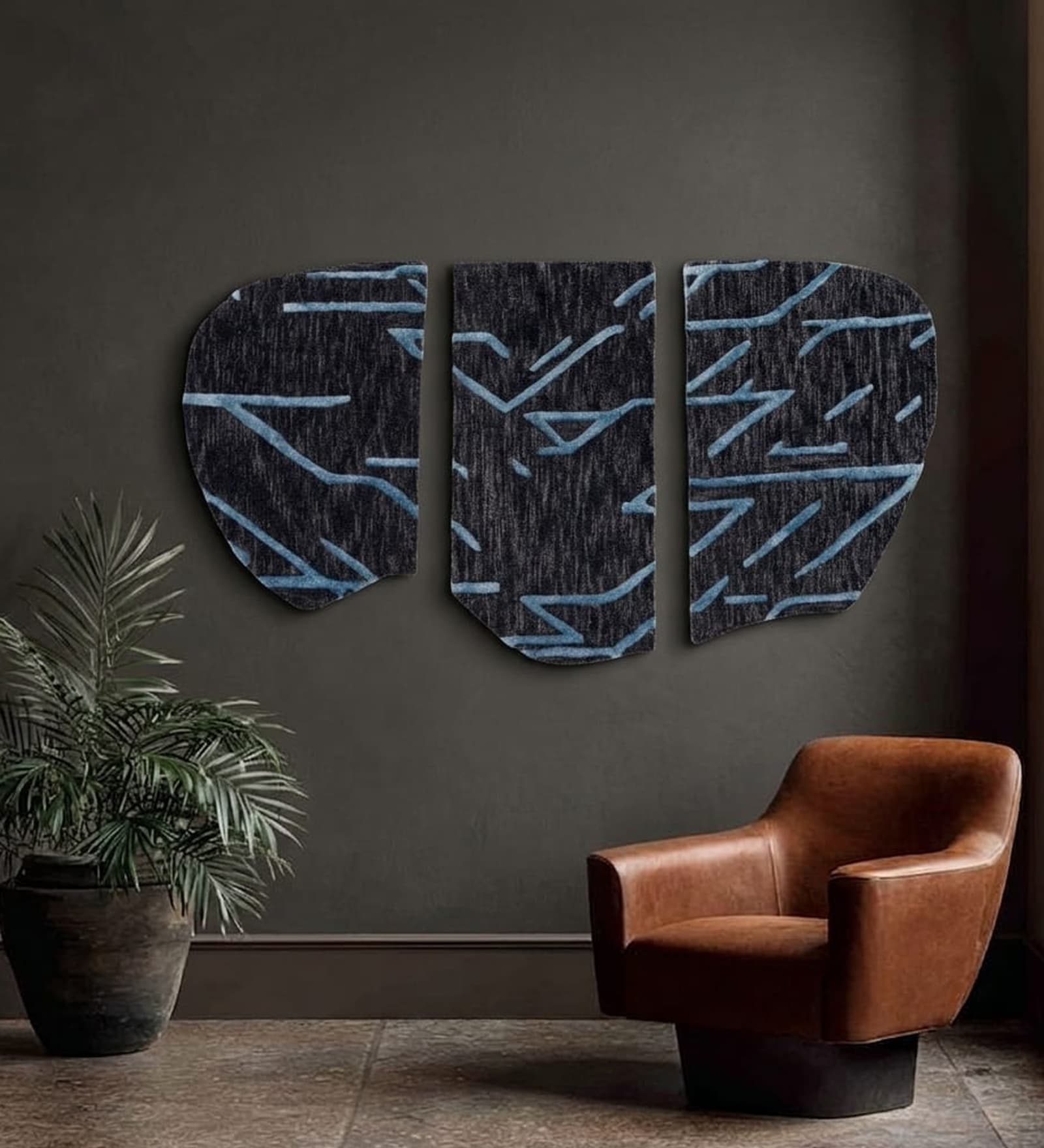 Set Of 3 Black And Blue High Texture Wool And Silk Wall Art