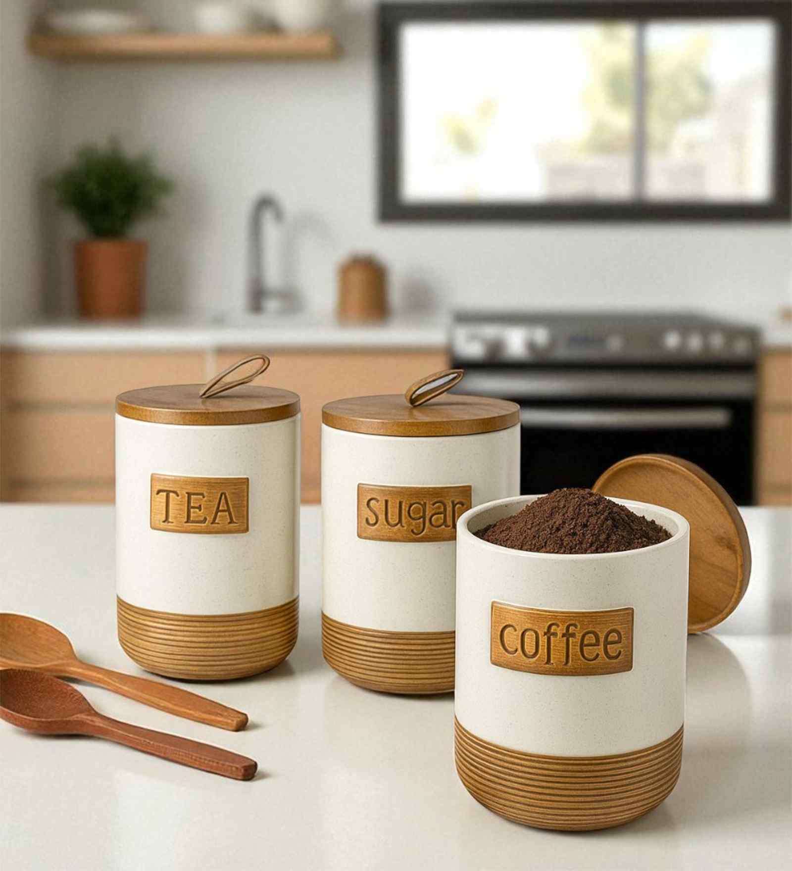 Set of 3 Brew Essentials Luxe Ceramic and Wooden Jar Containers