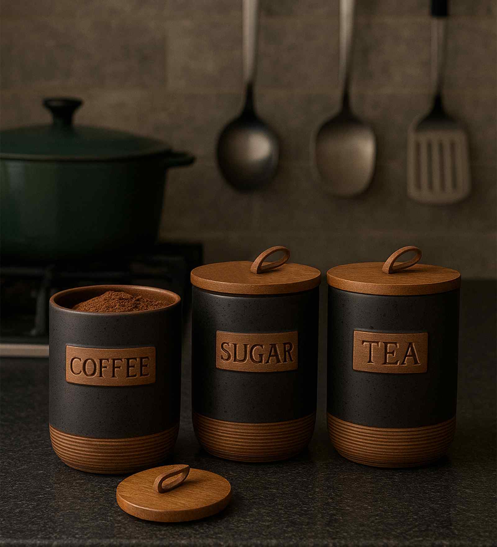 Set of 3 Brew Essentials Luxe Ceramic and Wooden Jar Containers