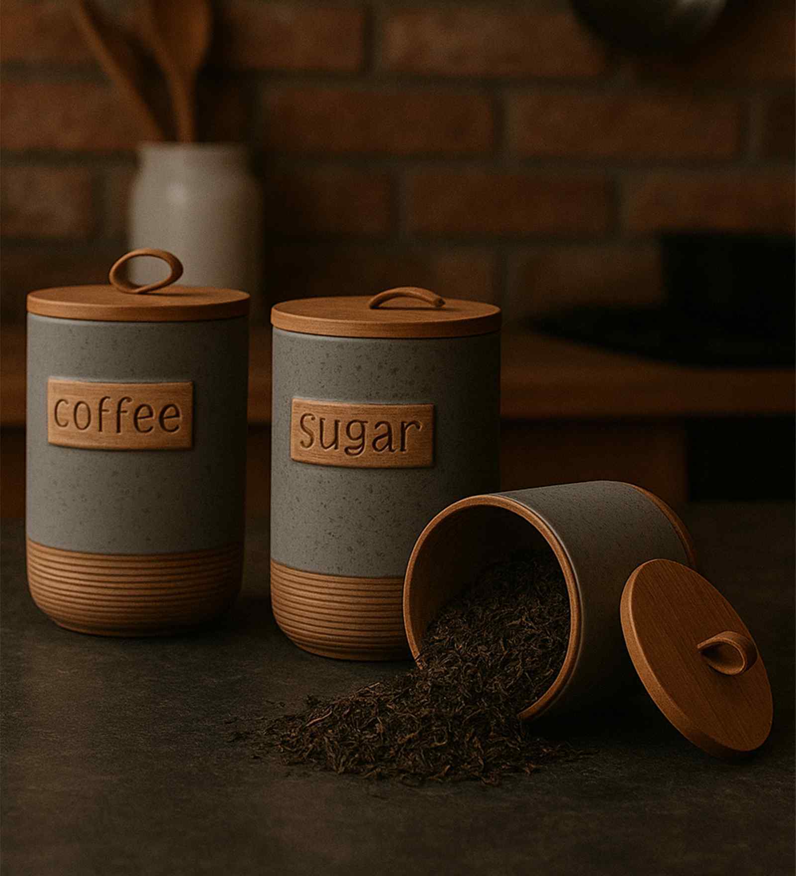 Set of 3 Brew Essentials Luxe Ceramic and Wooden Jar Containers