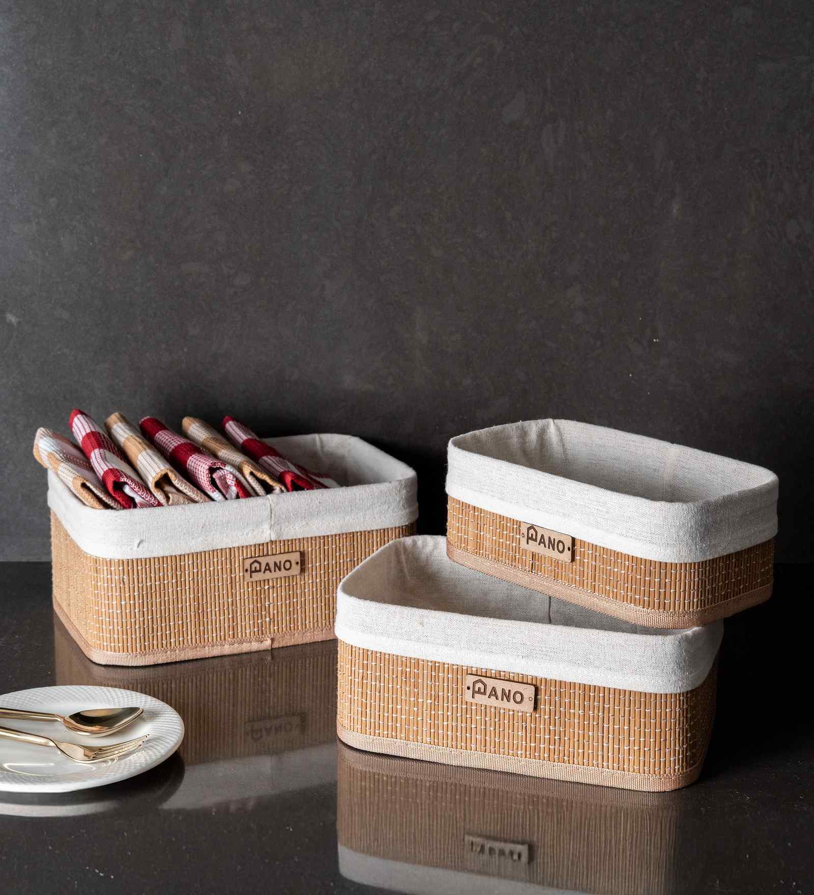 Set Of 3 Brown & Beige Bamboo Rectanglular Rattan Organiser