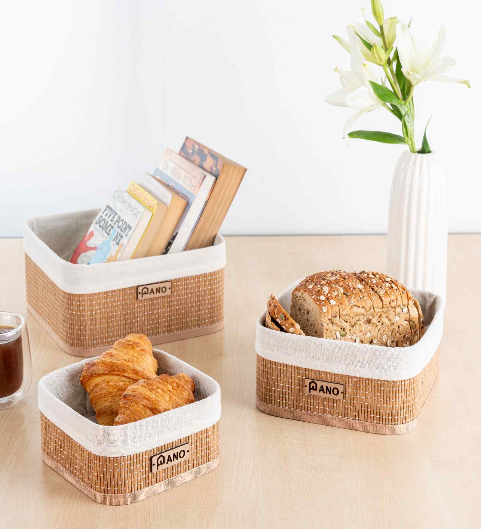 Set Of 3 Brown & Beige Bamboo Square Rattan Organiser
