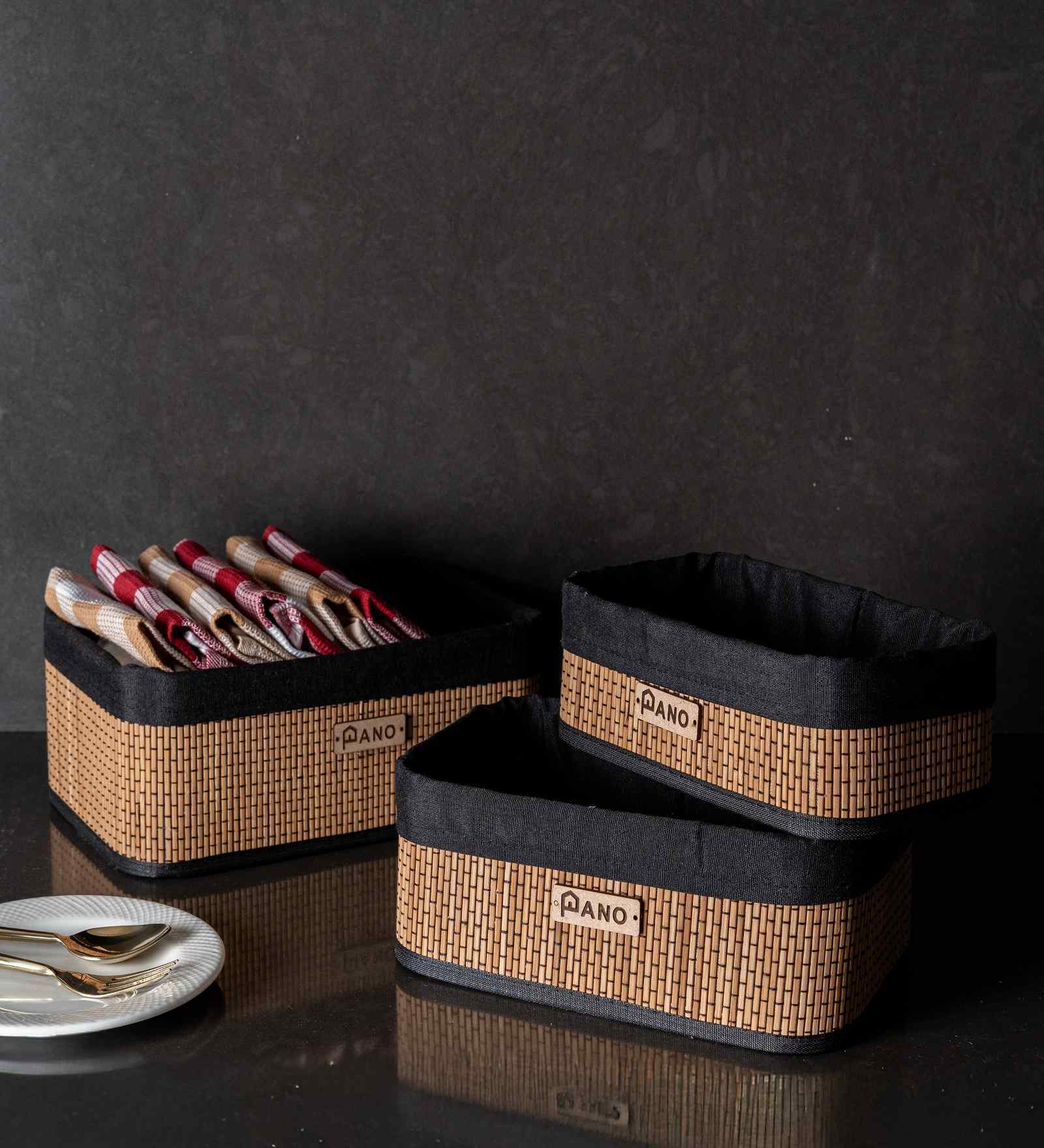 Set Of 3 Brown & Black Bamboo Rectanglular Rattan Organiser