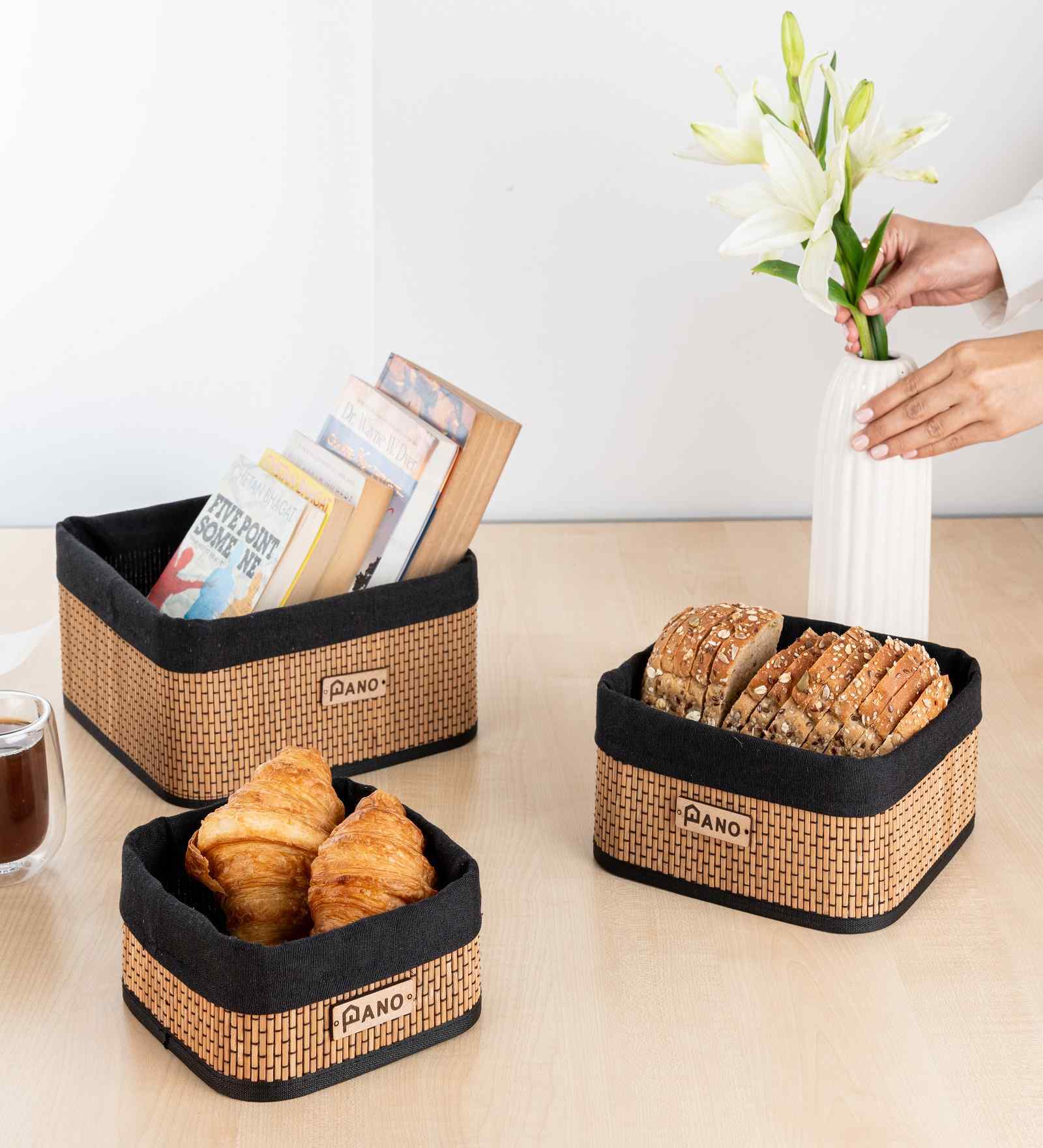 Set Of 3 Brown & Black Bamboo Square Rattan Organiser
