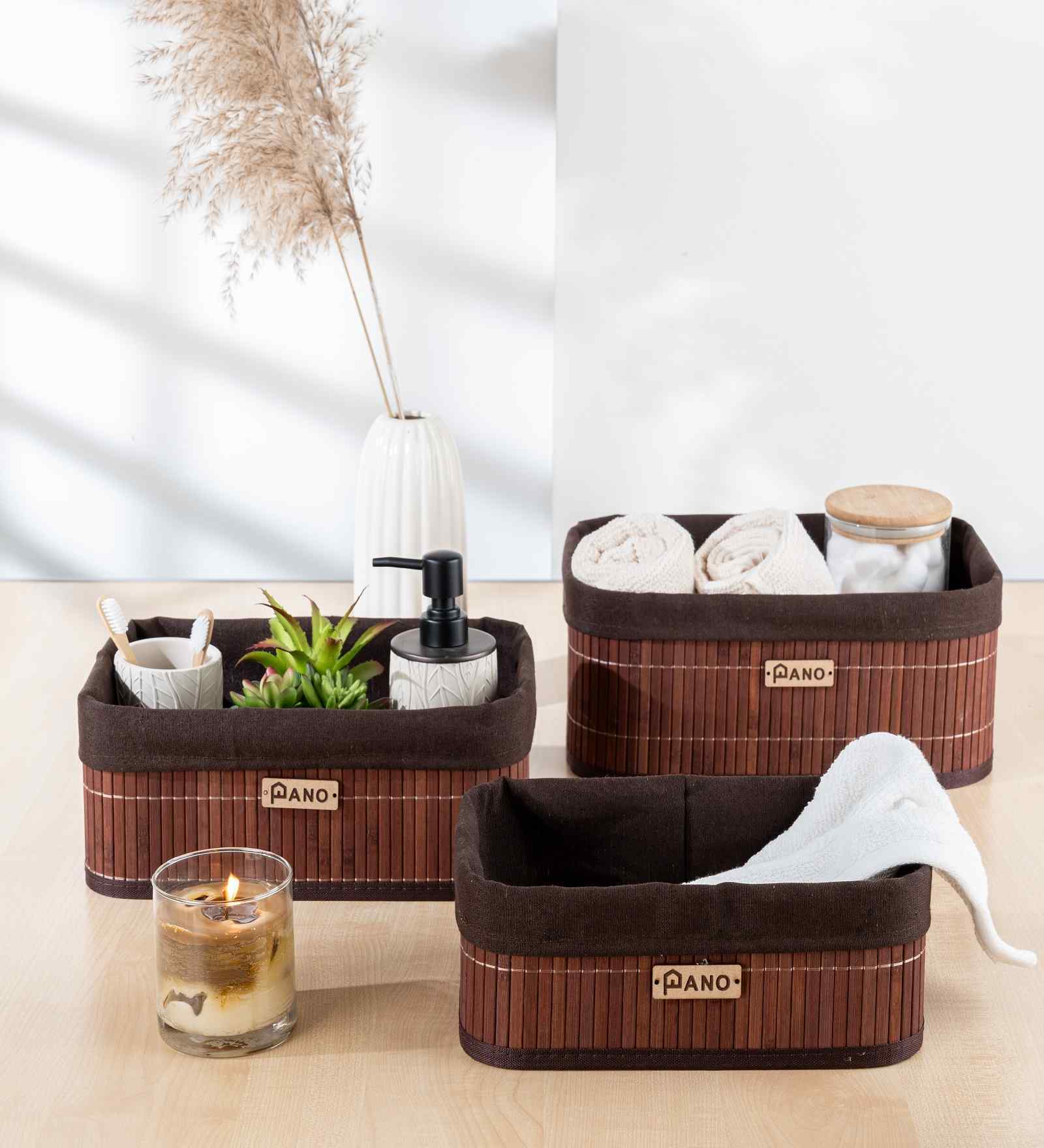 Set Of 3 Brown Bamboo Bathroom Vanity Organiser