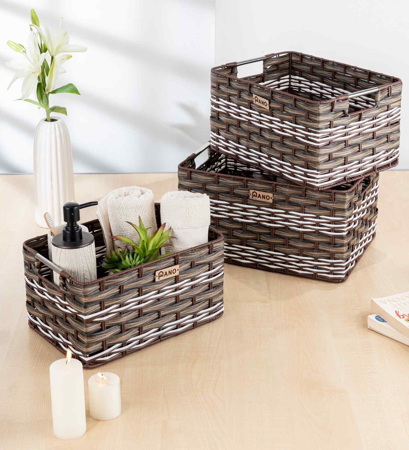 Set Of 3 Brown Plastic  Wicker Bathroom Organiser