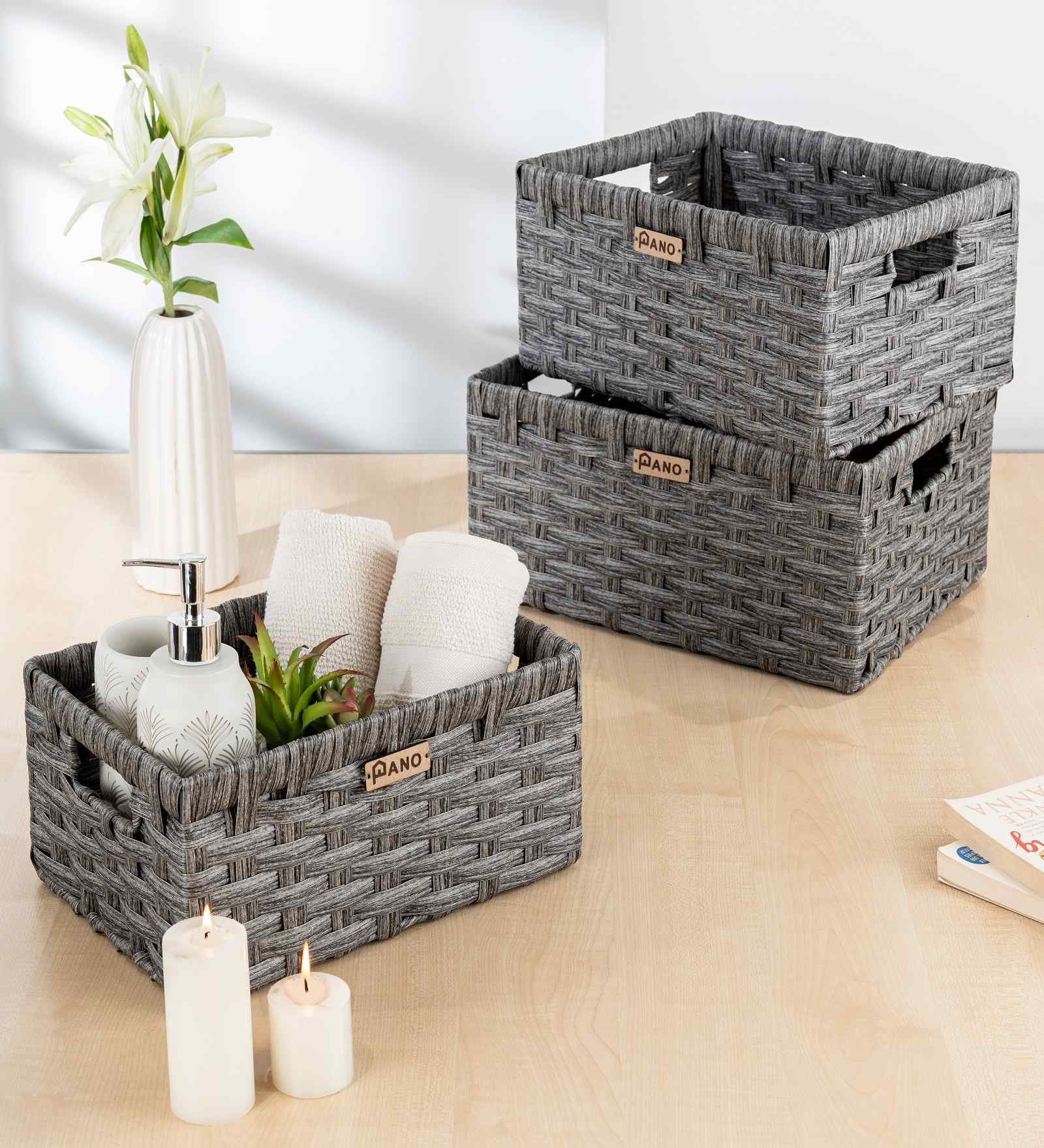 Set Of 3 Charcoal Plastic  Stackable Wicker Organiser
