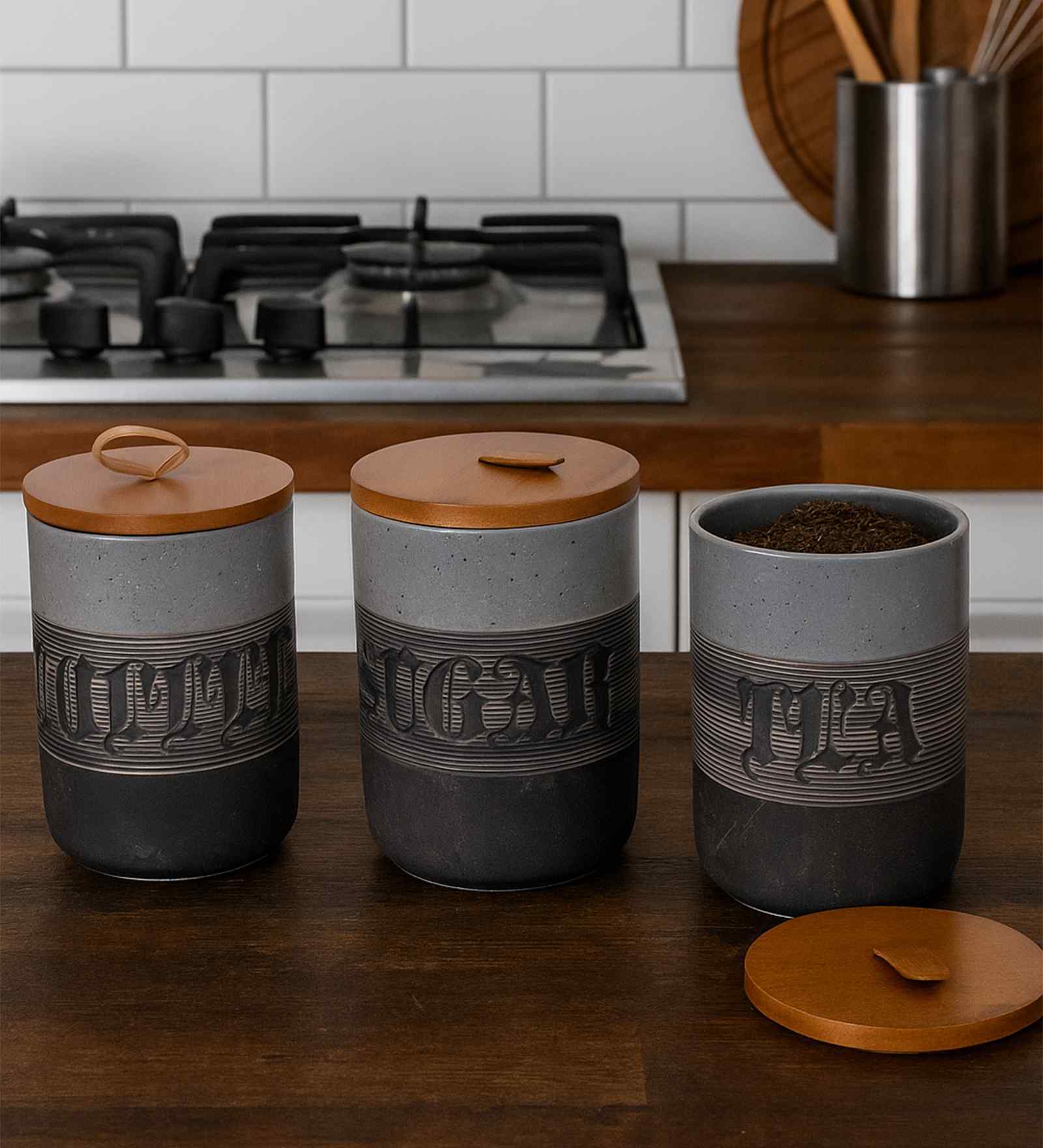 Set of 3 Daily Brew Luxe Ceramic and Wooden Jar Containers