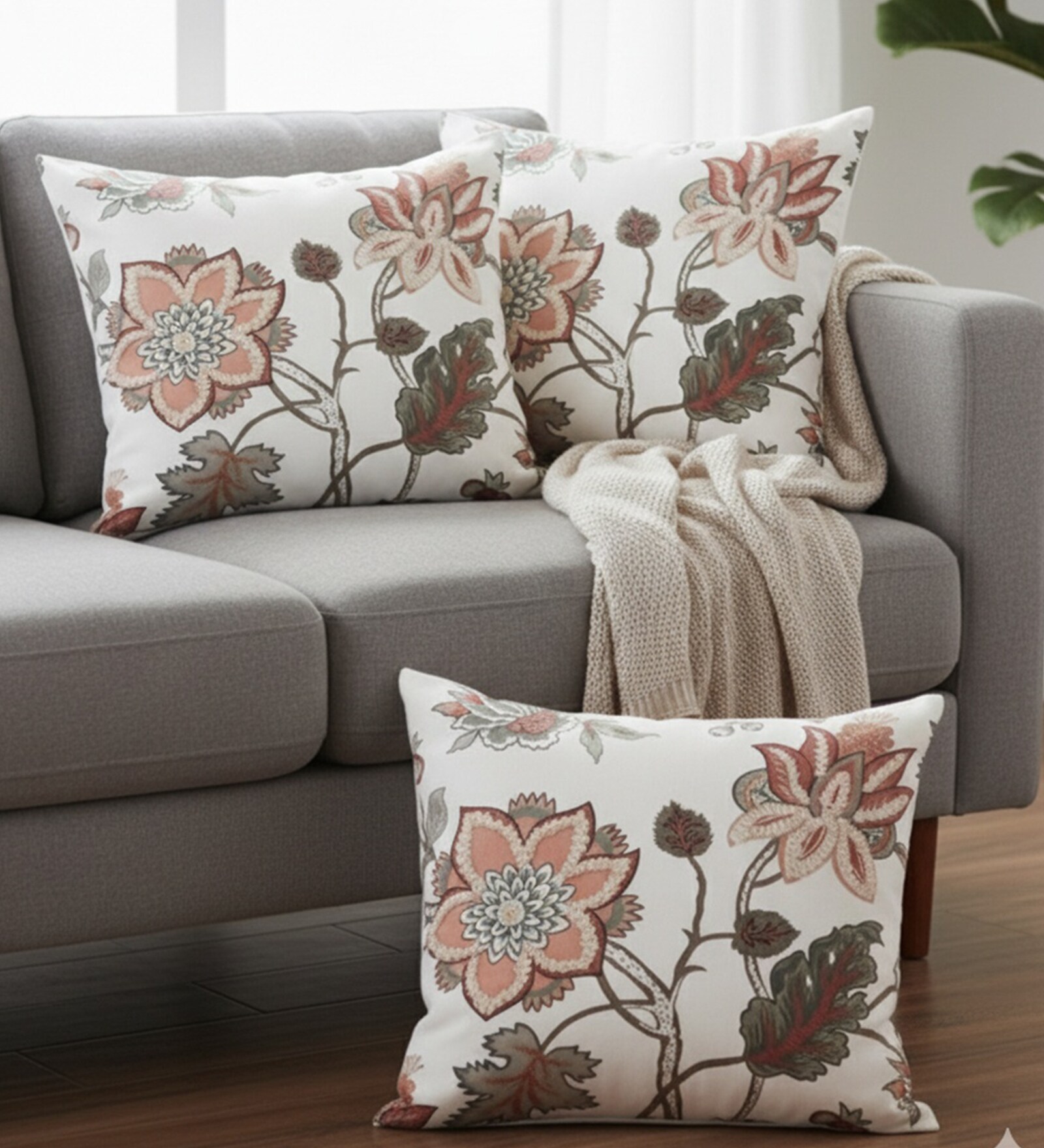 Set of 3 Elegant Botanical Floral Throw Cushion Covers (18x18)