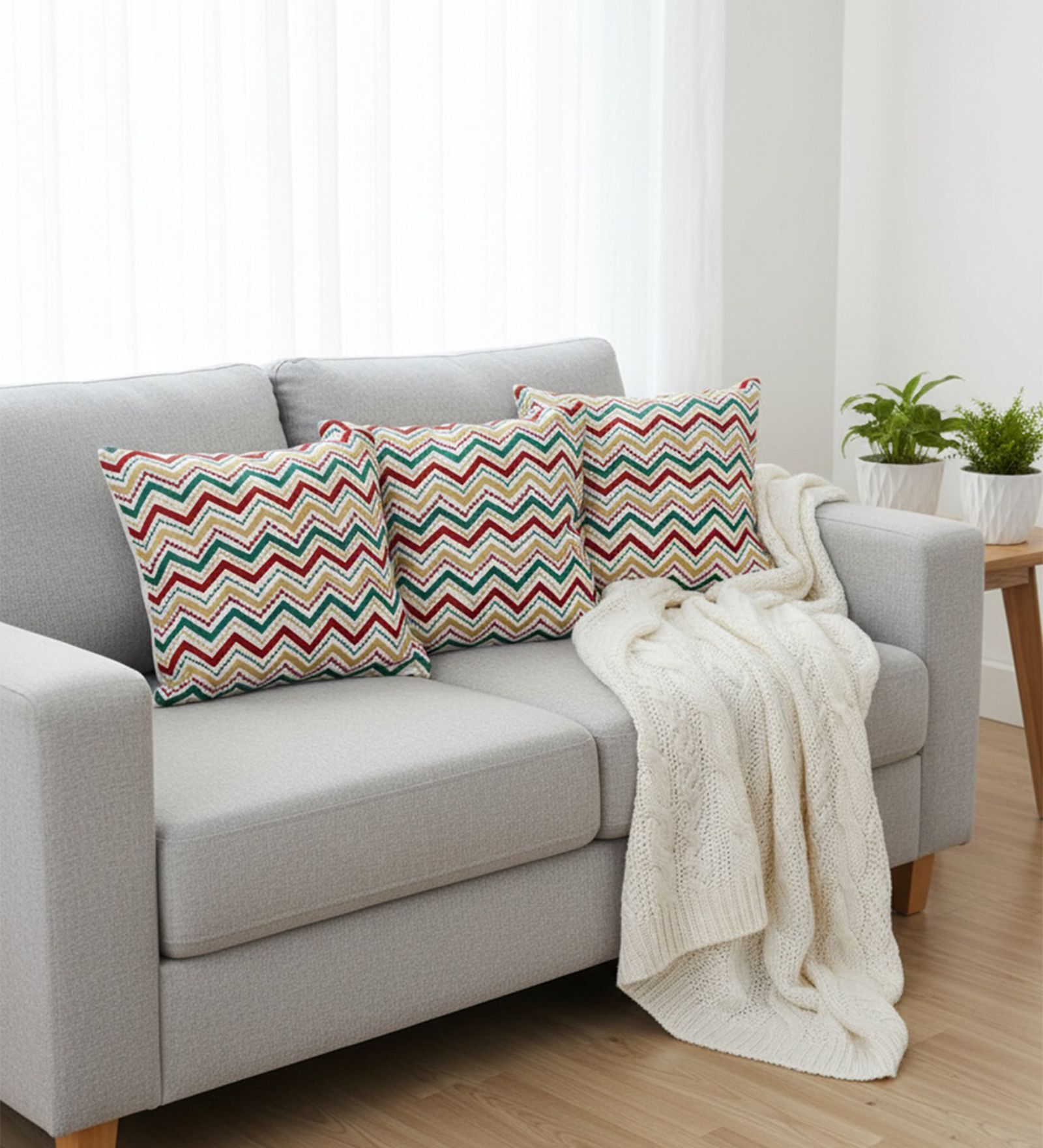 Set of 3 Embroidered Chevron Throw Cushion Covers (18x18)