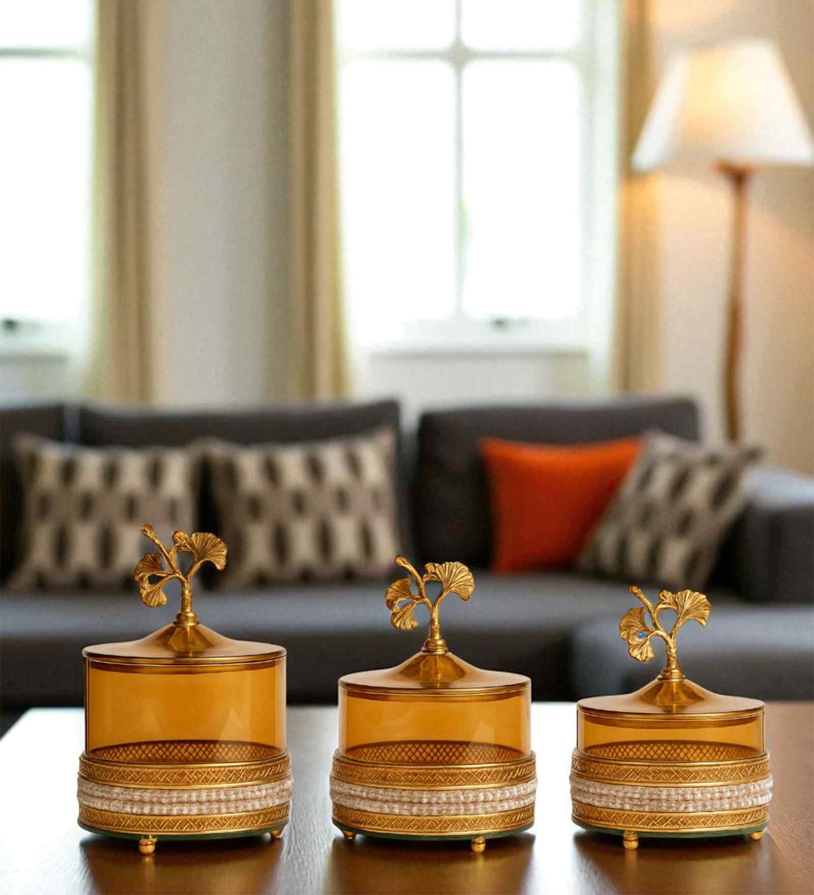 Set of 3 Glass and Matel Ginkgo Elegance Jar Containers