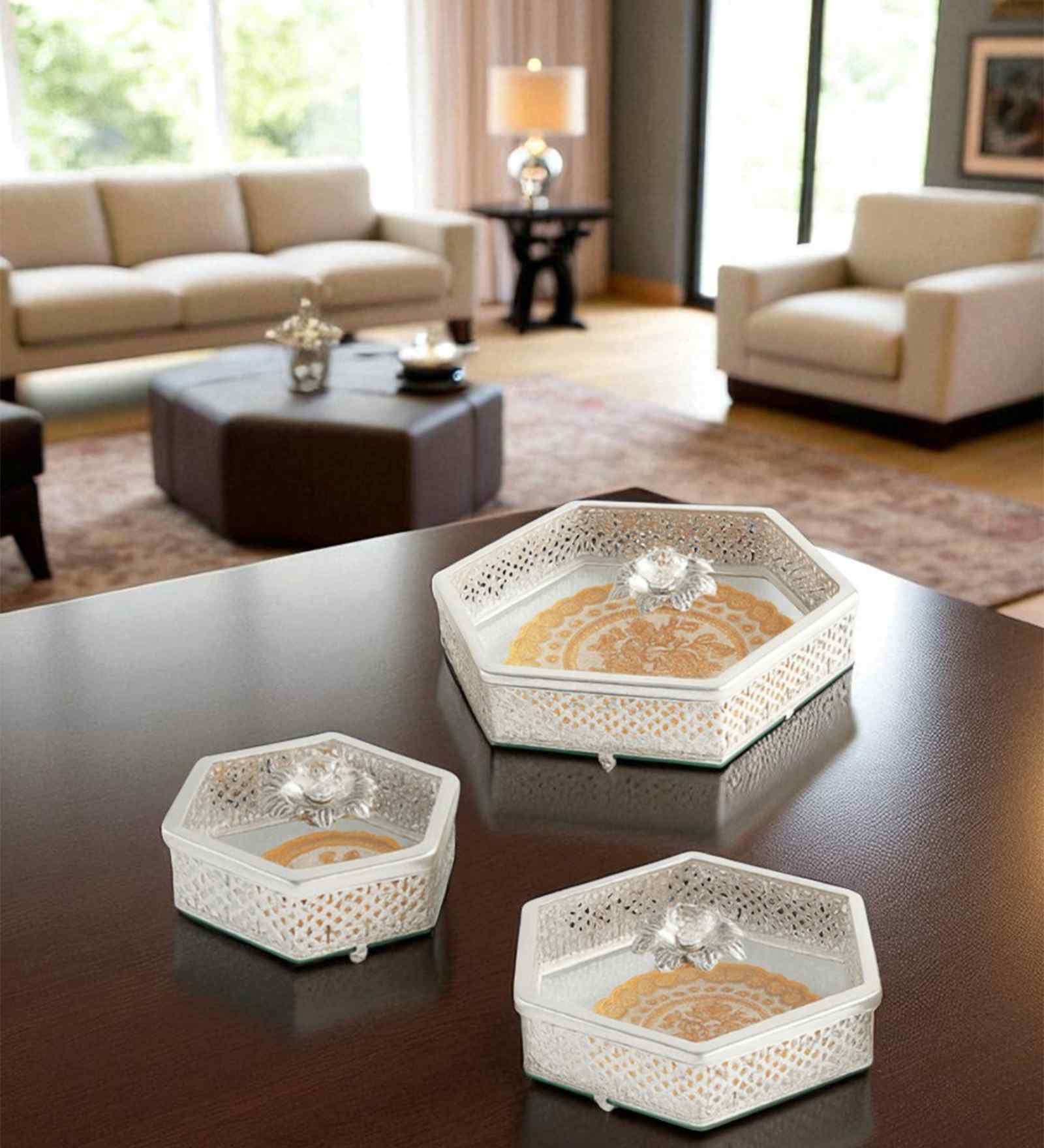 Set of 3 Glass and Matel Silver Luxe Hexa Jar Containers