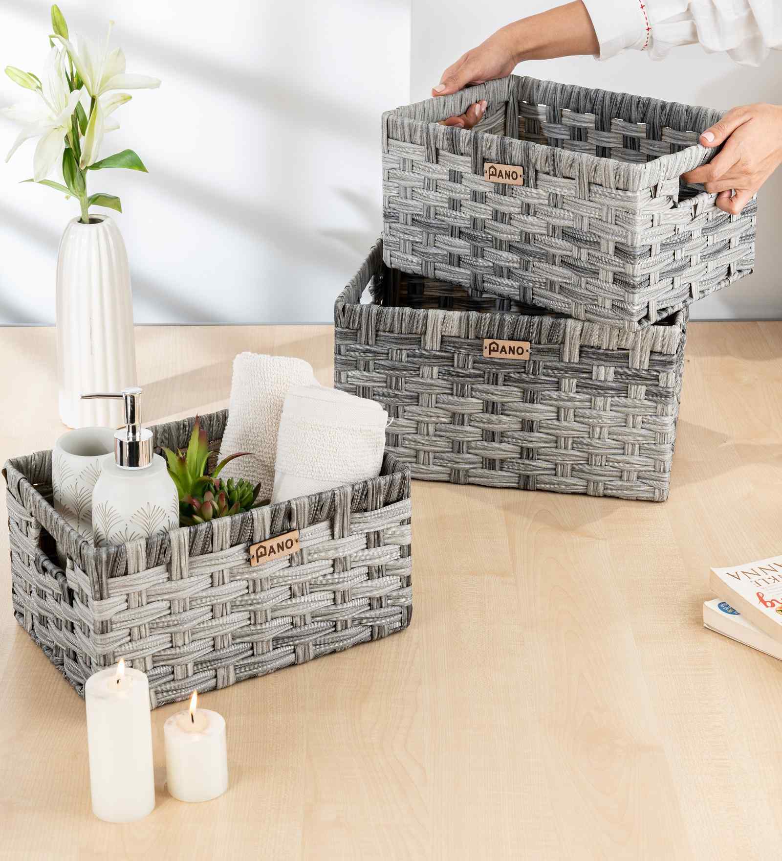 Set Of 3 Grey Plastic  Stackable Wicker Organiser