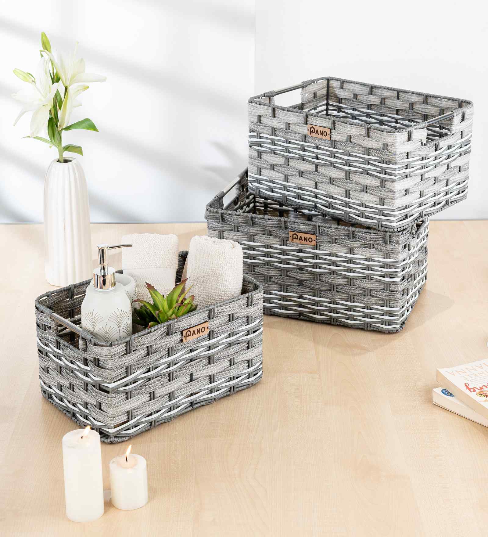 Set Of 3 Grey Plastic  Wicker Bathroom Organiser