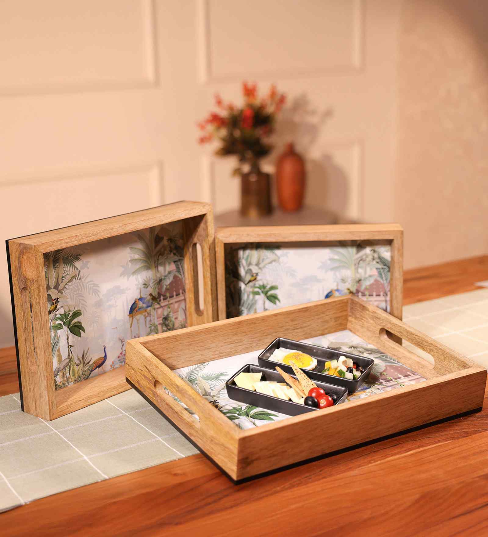(Set Of 3) Mango Wood Serving Tray with MDF Base & UV Print