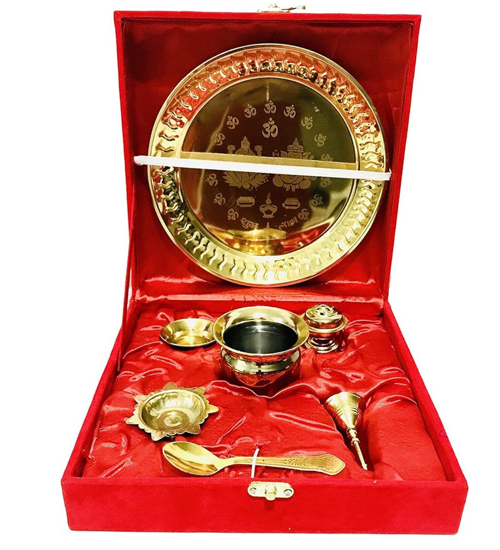 Set of 3 Pooja Thali Bell Lota Jyot Brass Plate Set (Gold)