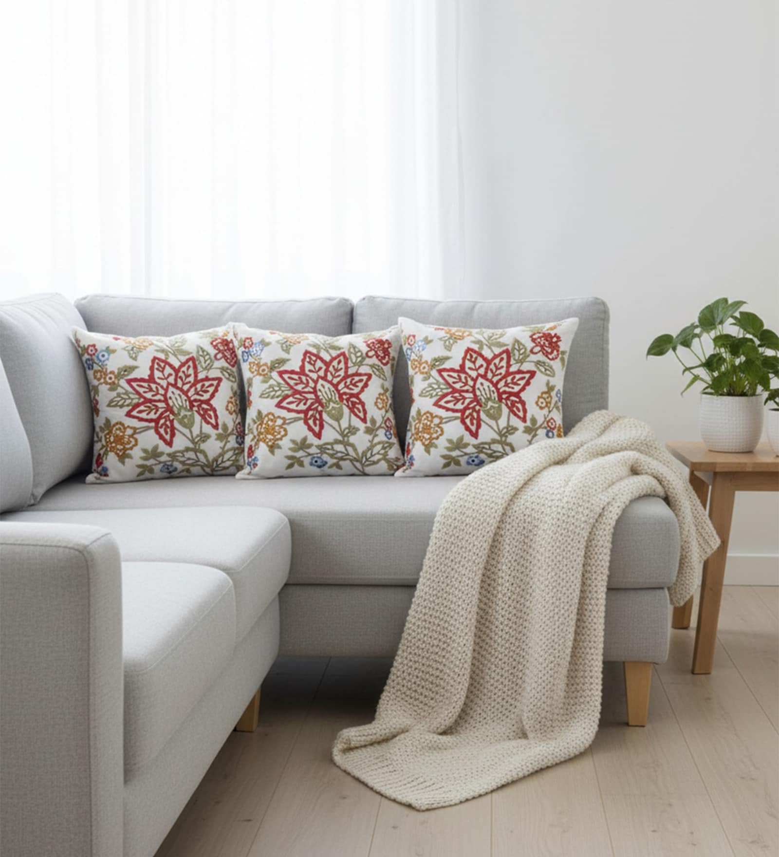 Set of 3 Rich Embroidered Floral Throw Cushion Covers (18x18)