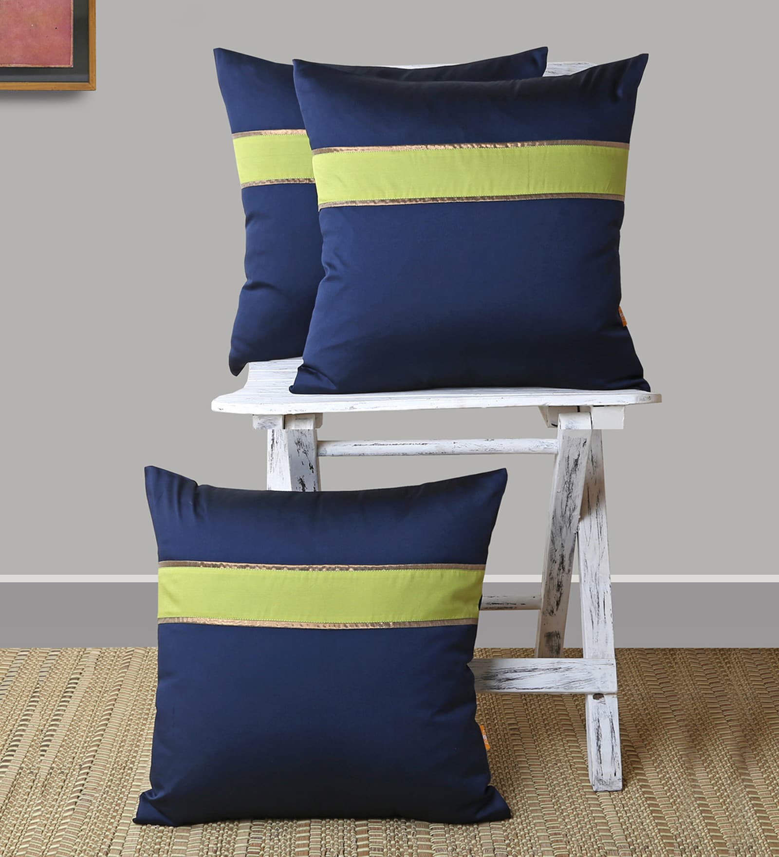 Blue Striped Silk 16 x 16 Inches Cushion Covers (Set of 3)
