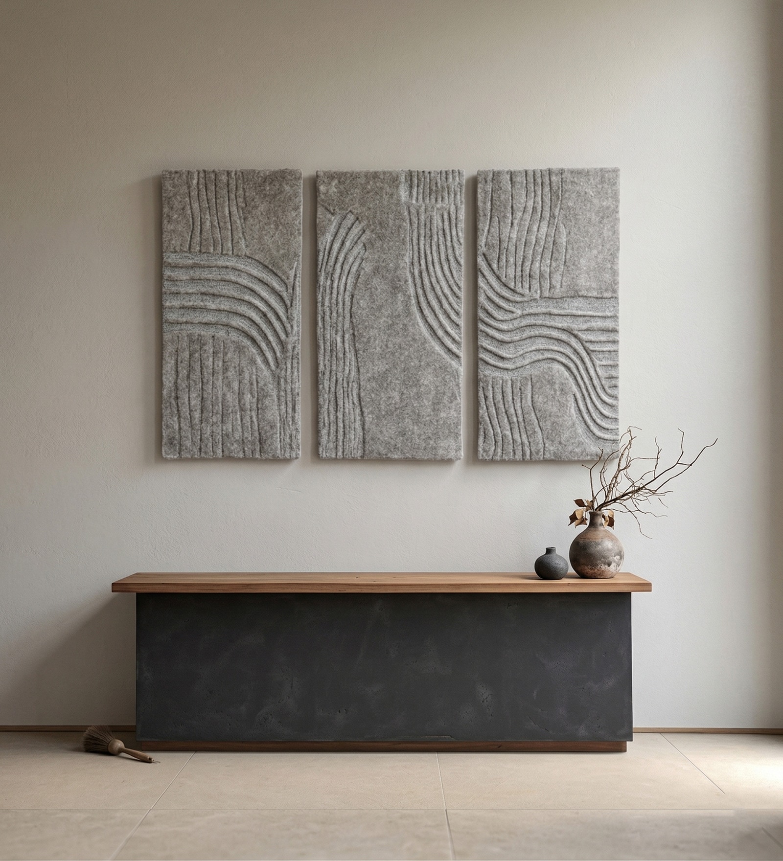 Set Of 3 Taupe-Grey High Texture Wool And Silk Wall Art