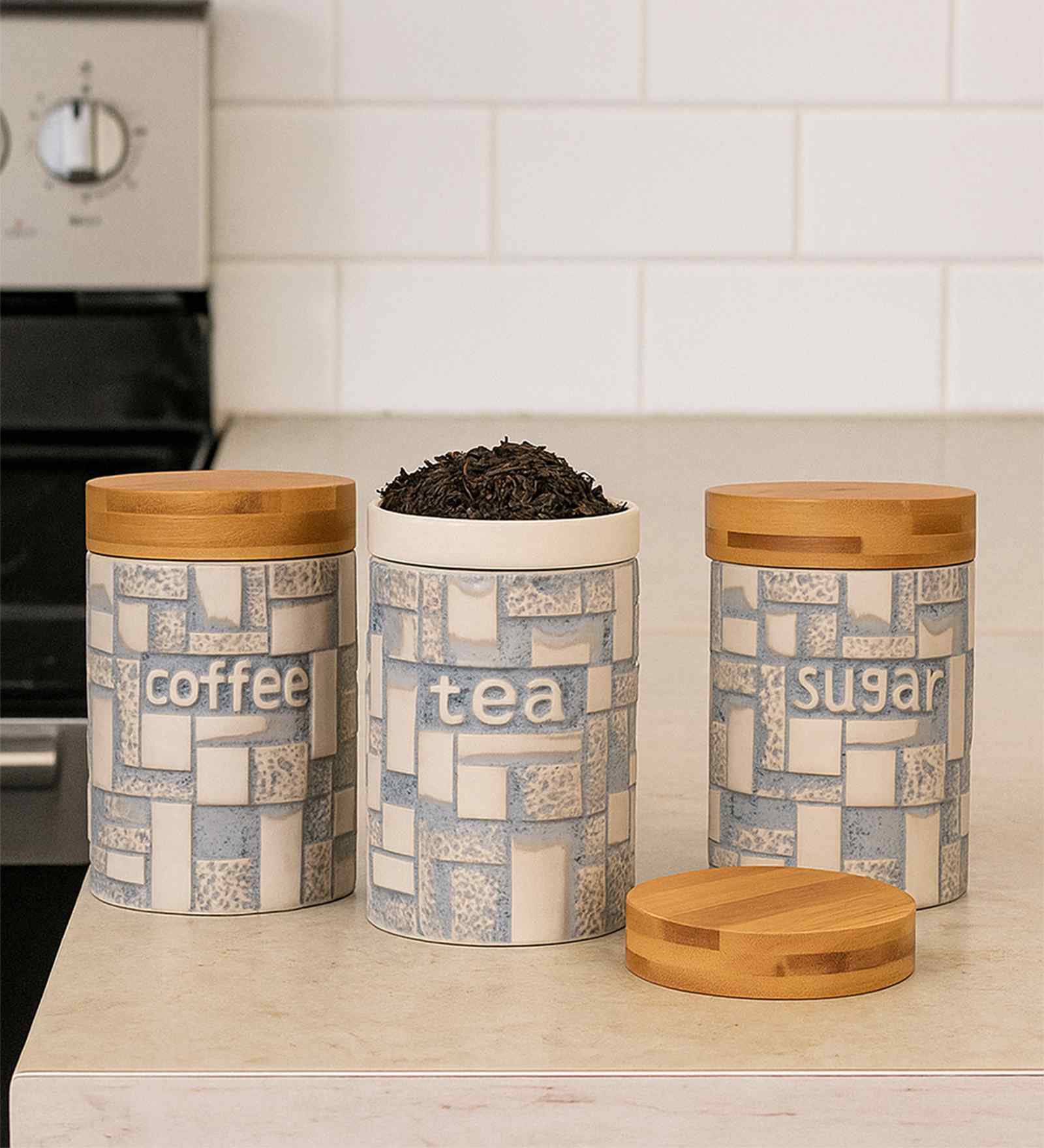 Set of 3 The Pantry Luxe Ceramic and Wooden Jar Containers