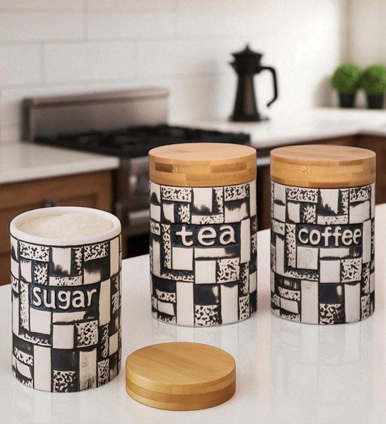 Set of 3 The Pantry Luxe Ceramic and Wooden Jar Containers