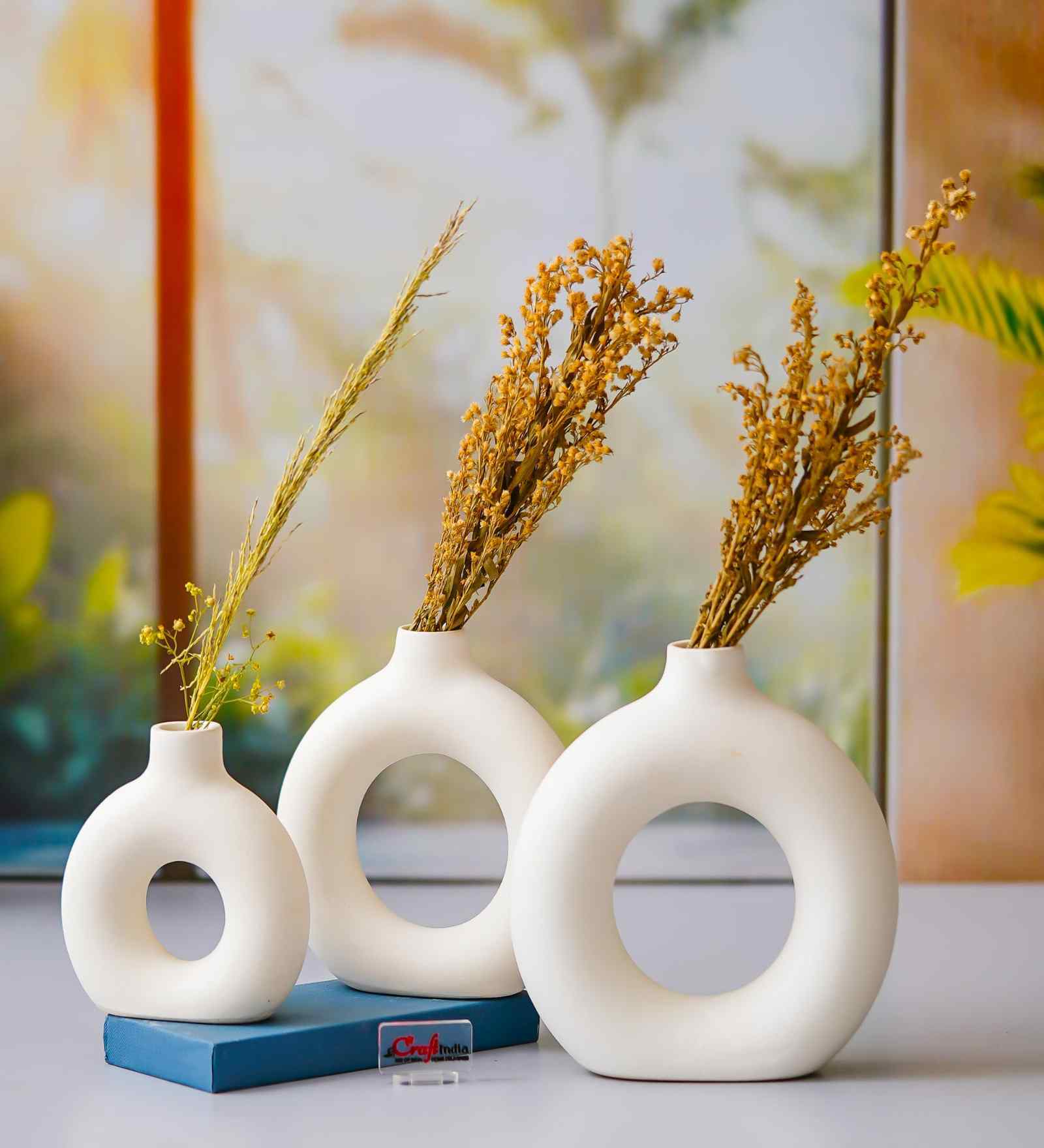 Set of 3 White Ceramic Donut Shape Flower Vase for Home Decoration Living Room Office|Donut Vase Showpiece Gift for Housewarming Birthday