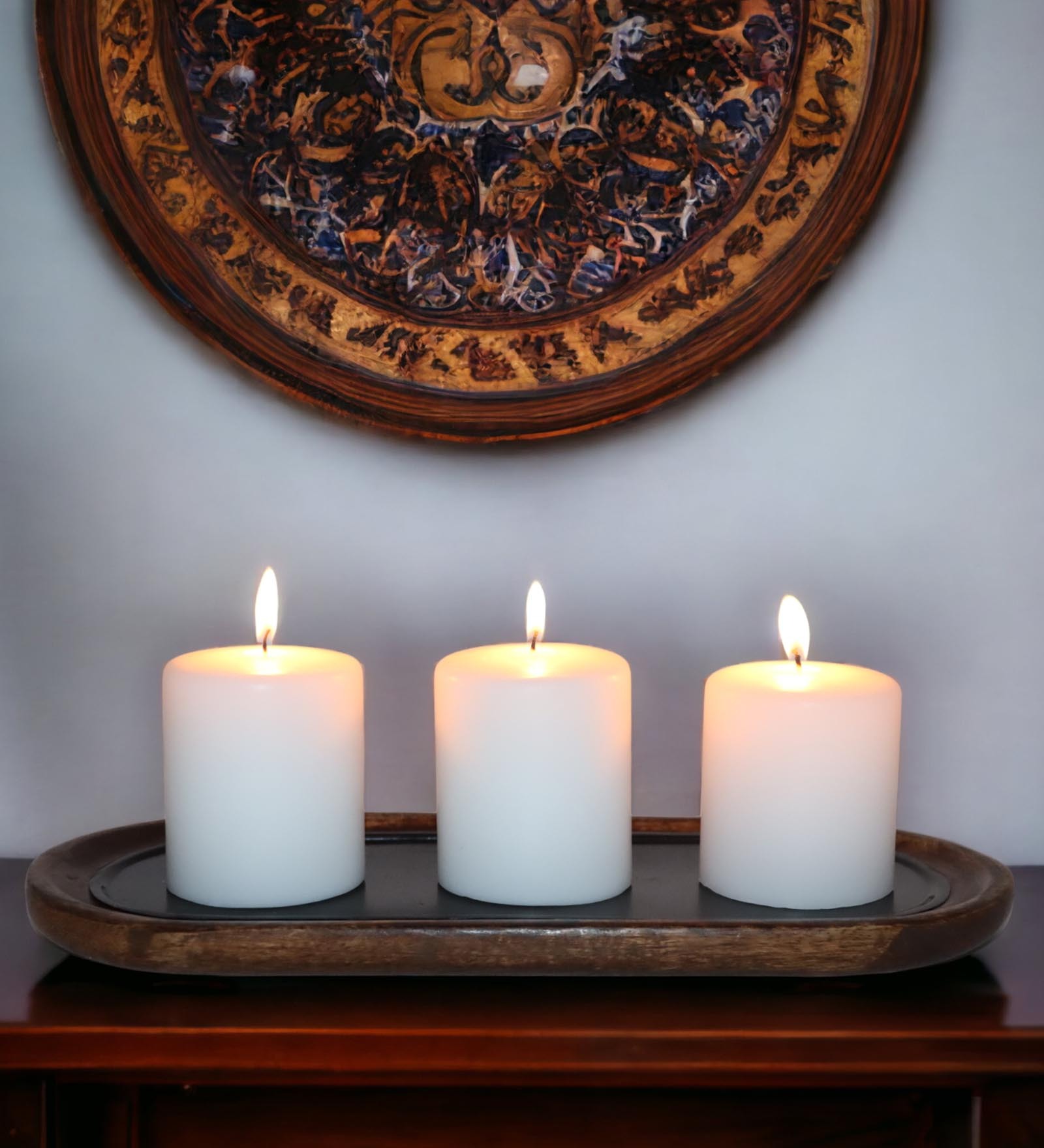 Set Of 3 White Wood & Wax Candles With Wooden Tray Set Of 3 White Wood & Wax Candles With Wooden Tray
