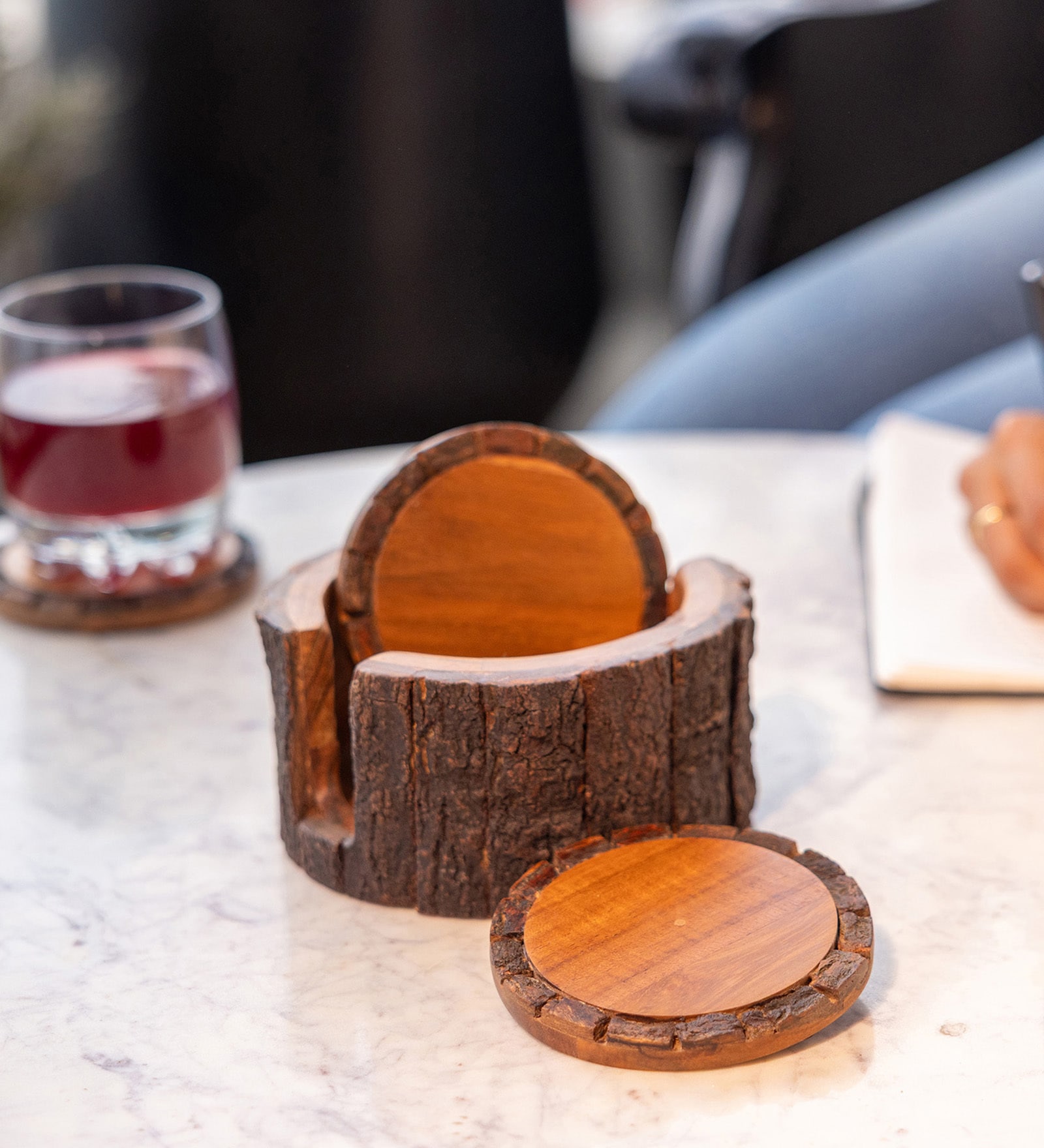 Set of 4 Acacia Wood Coaster with Holder