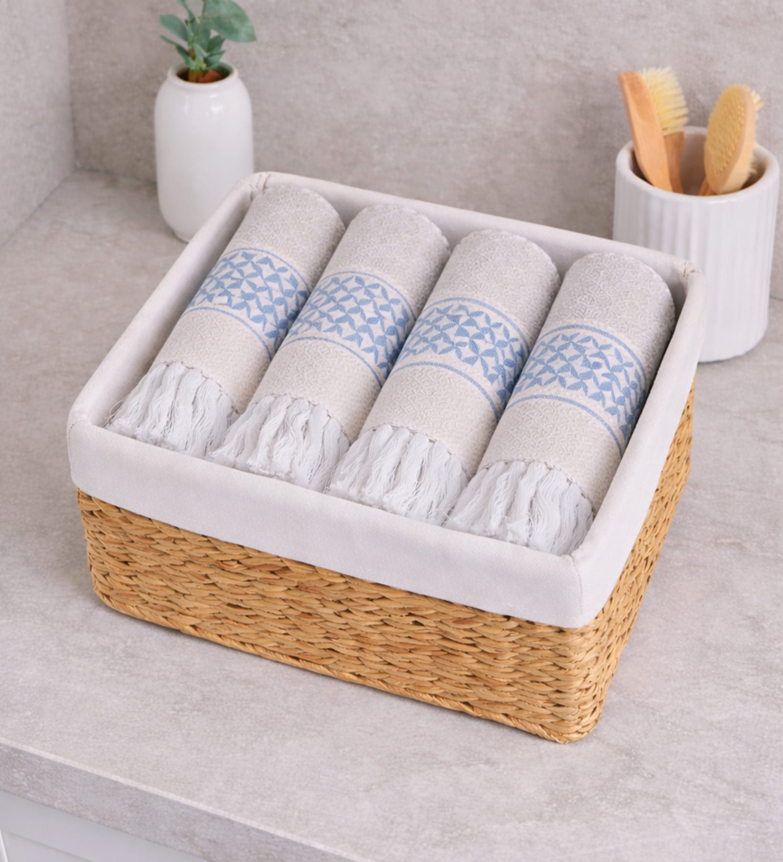 Set Of 4 Blue Cotton Hand Towels