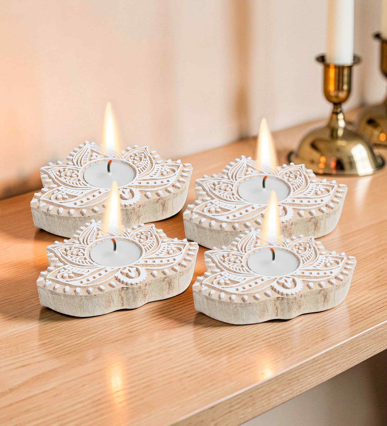 Brown Wood Decorative Tealight Holder Set