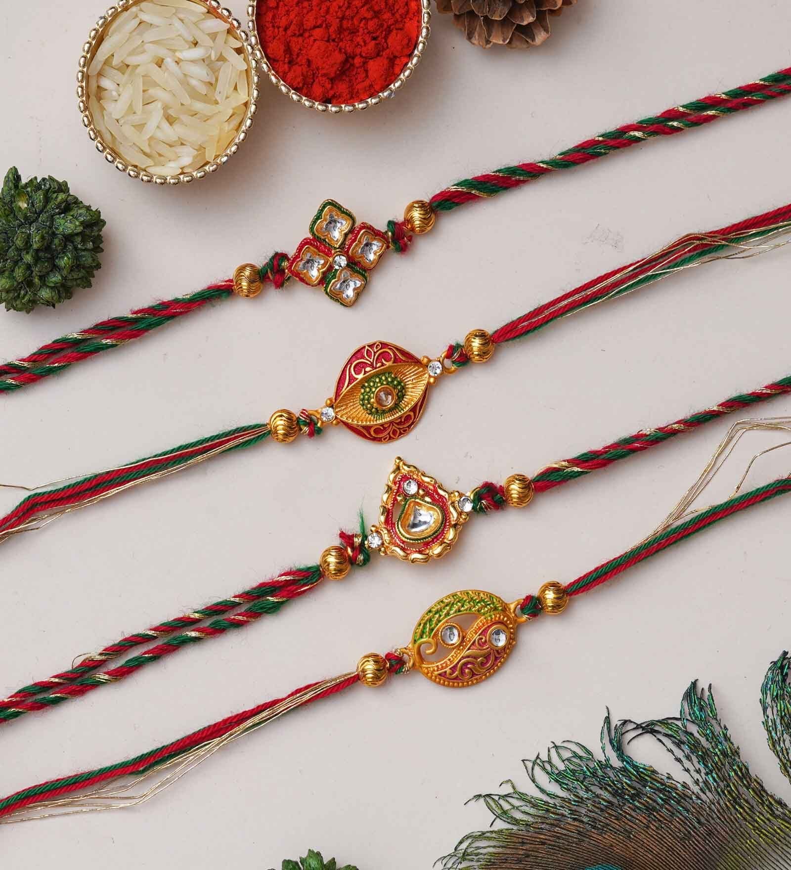 Set of 4 Designer Rakhi & Roli Chawal Pack