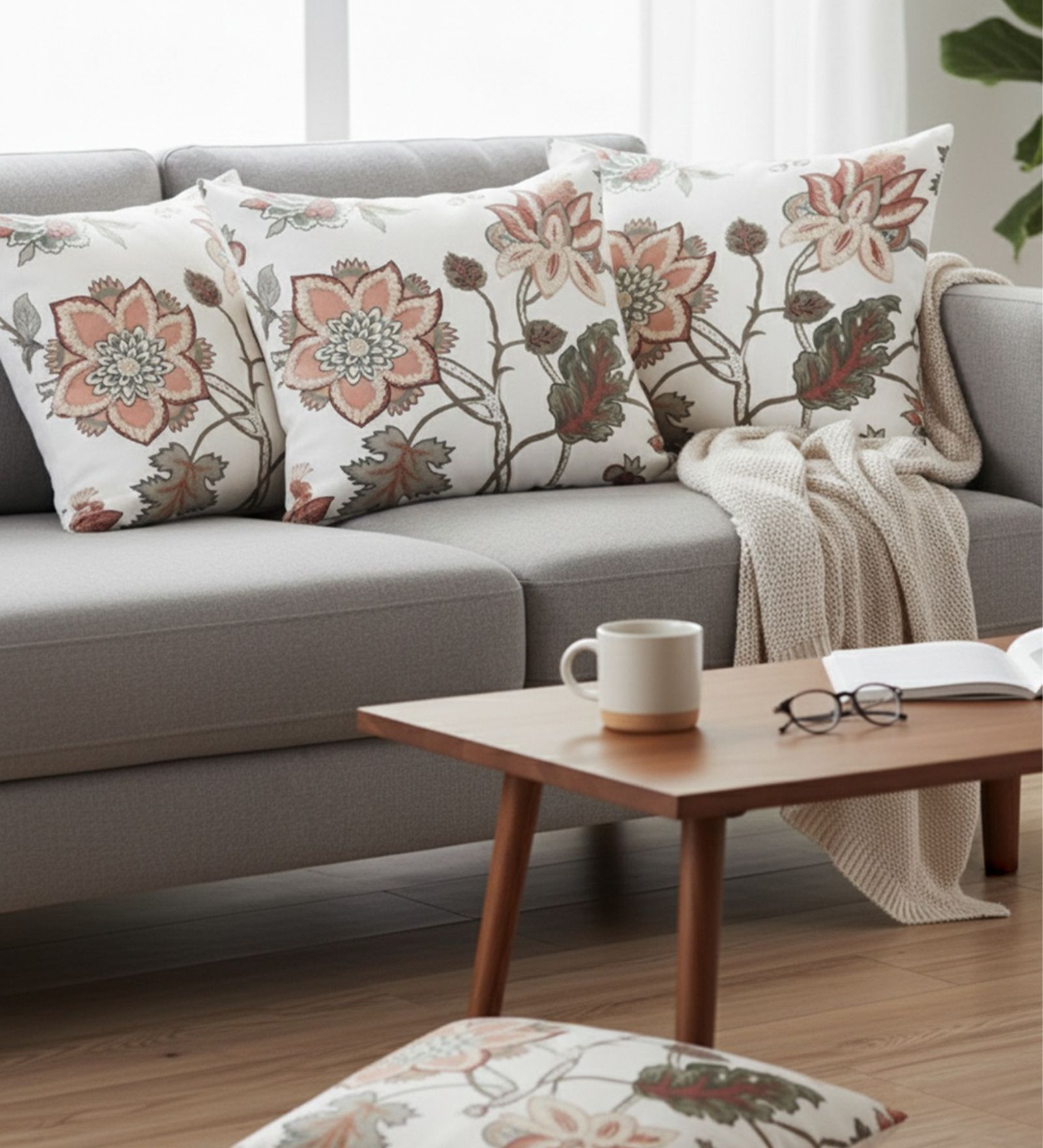 Set of 4 Elegant Botanical Floral Throw Cushion Covers (18x18)