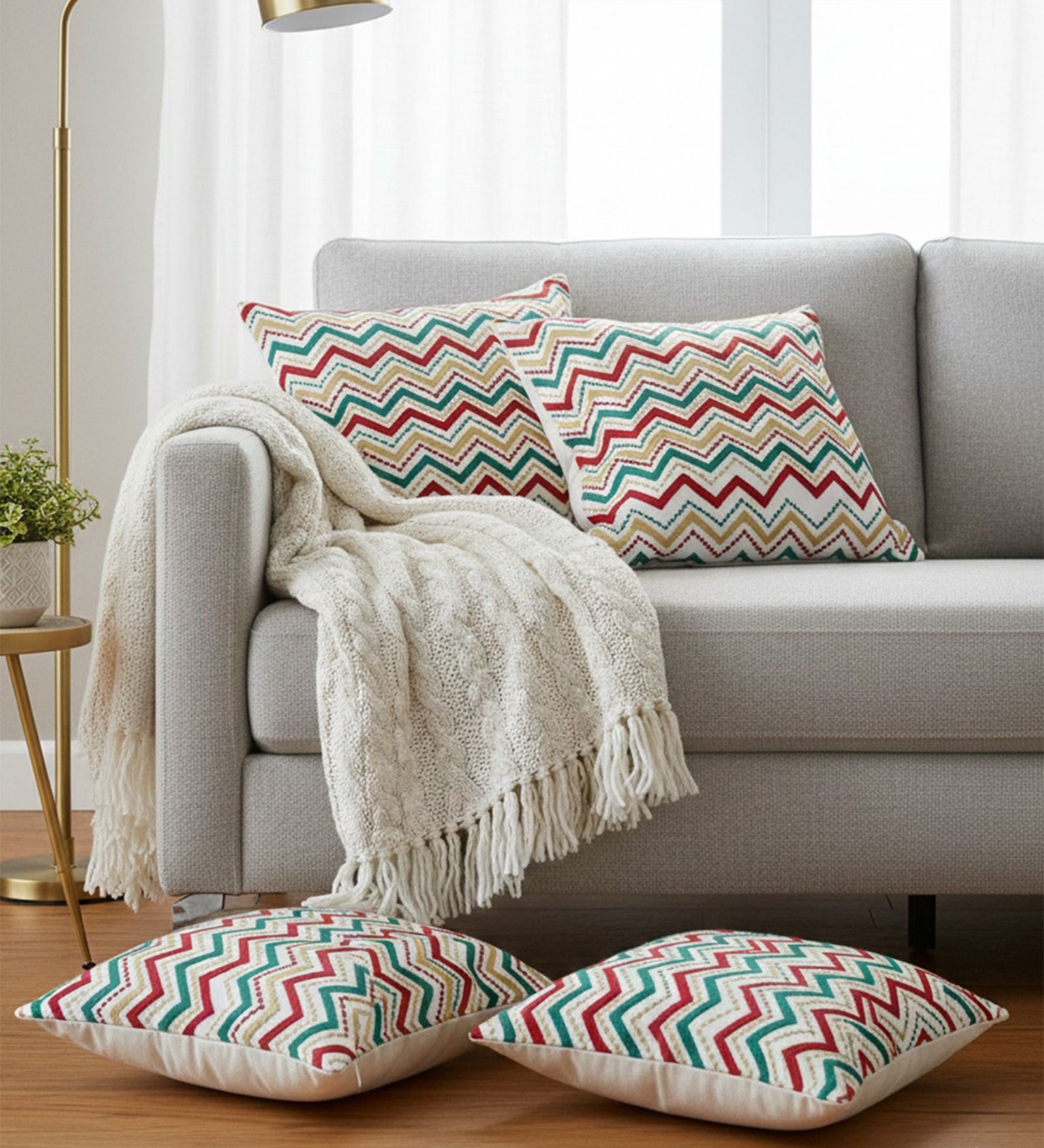 Set of 4 Embroidered Chevron Throw Cushion Covers (18x18)