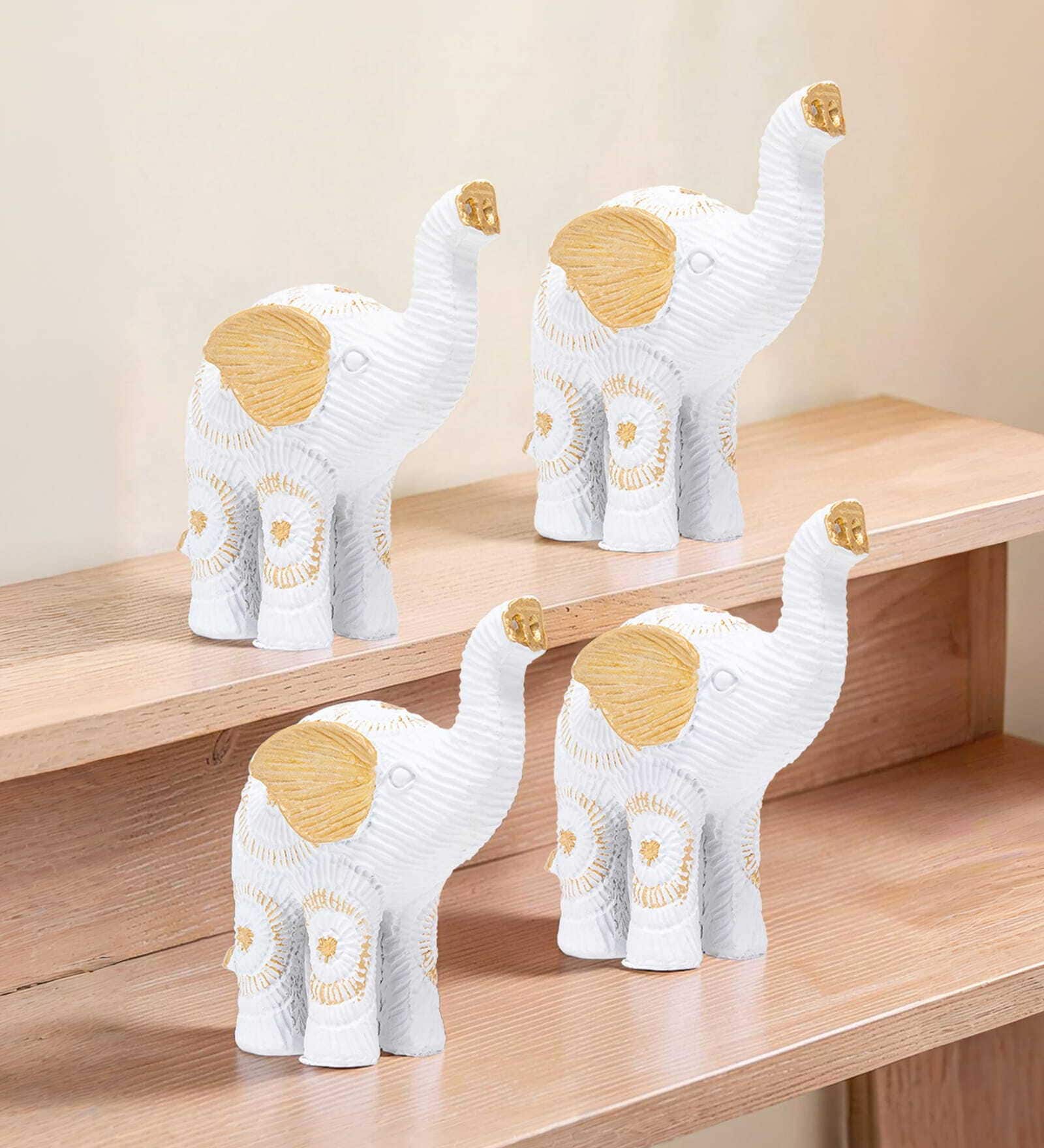 Set of 4 White and Gold-toned Elephant Showpieces