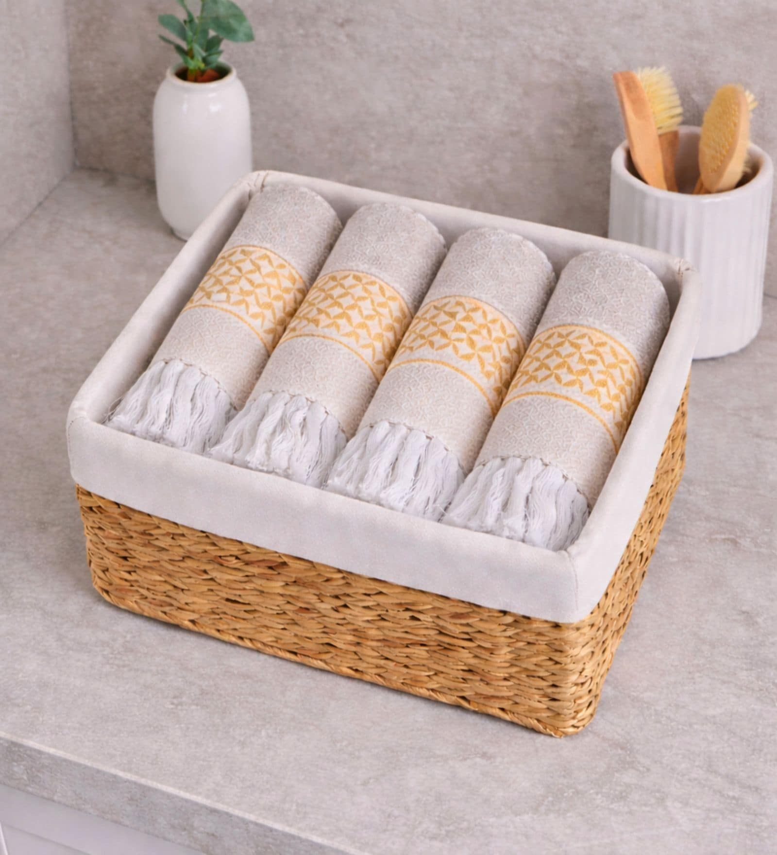 Set Of 4 Yellow Cotton Hand Towels