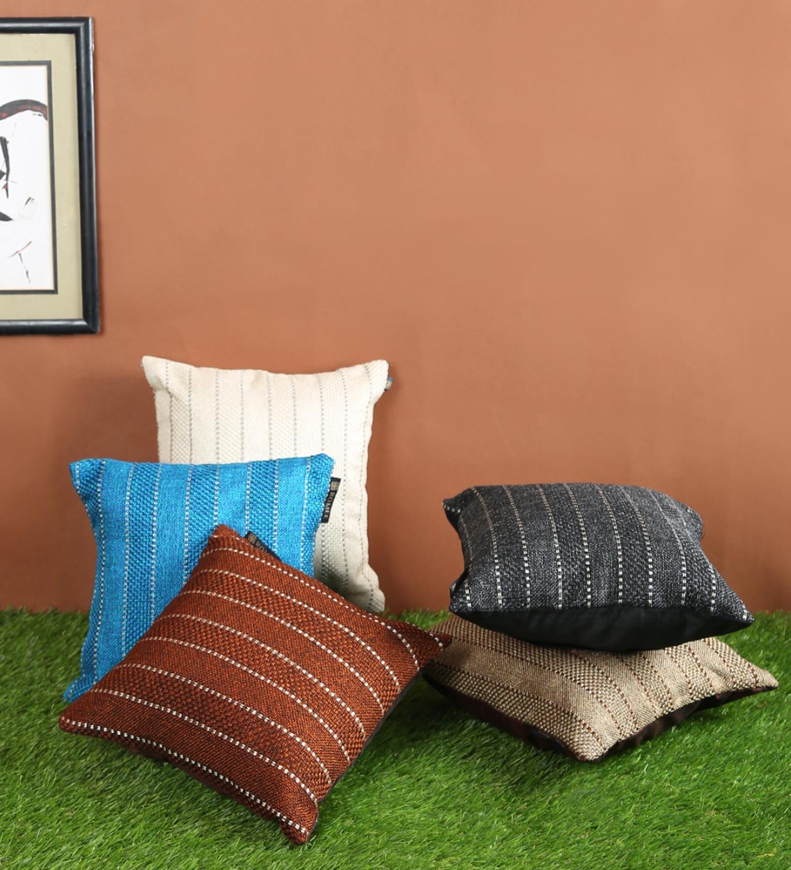 Multicolour Jute Striped 16x16 inches Cushion Cover (5Pc)