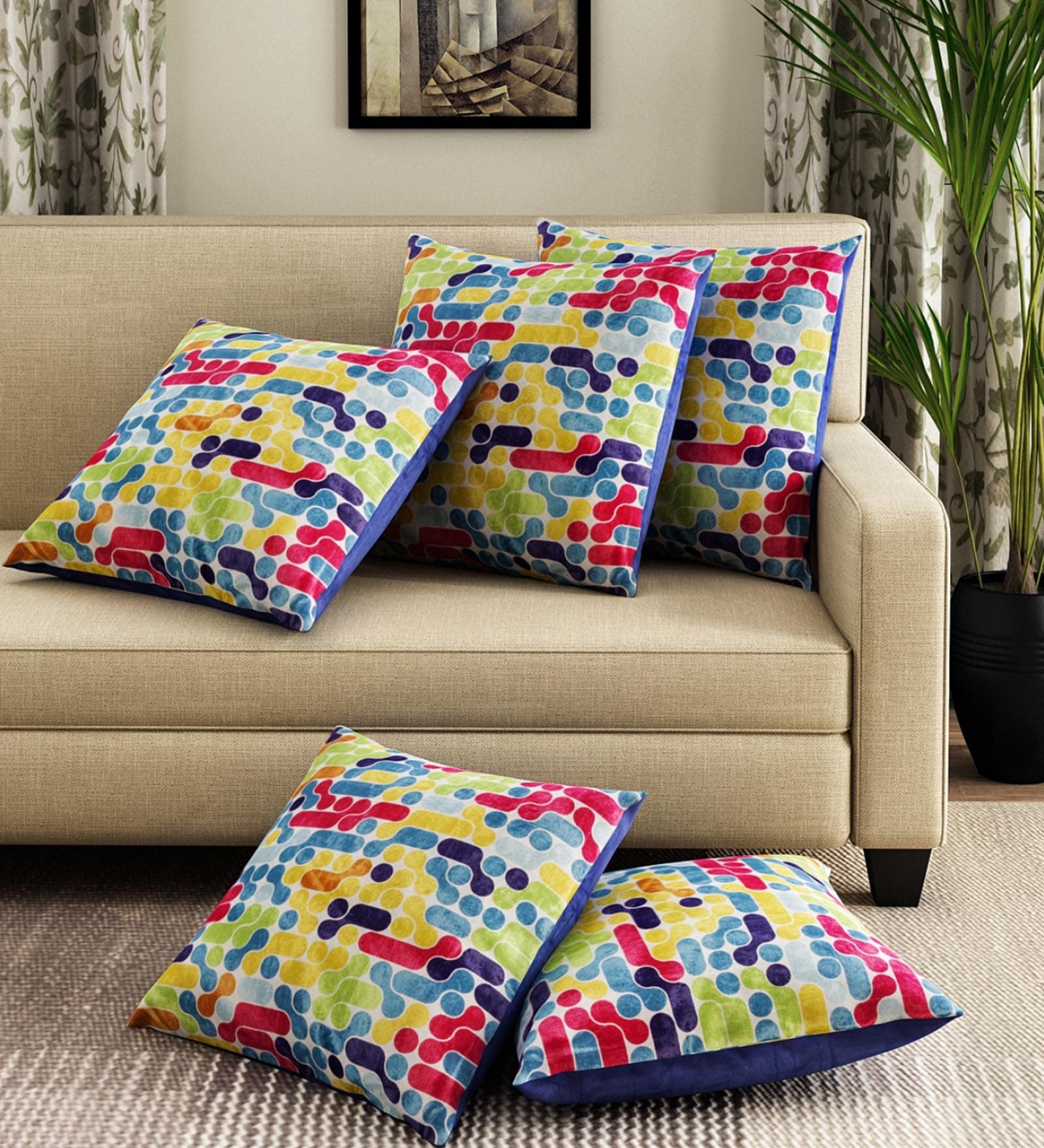 Multicolor Velvet Geometric 16x16 inches Cushion Cover (5Pc)